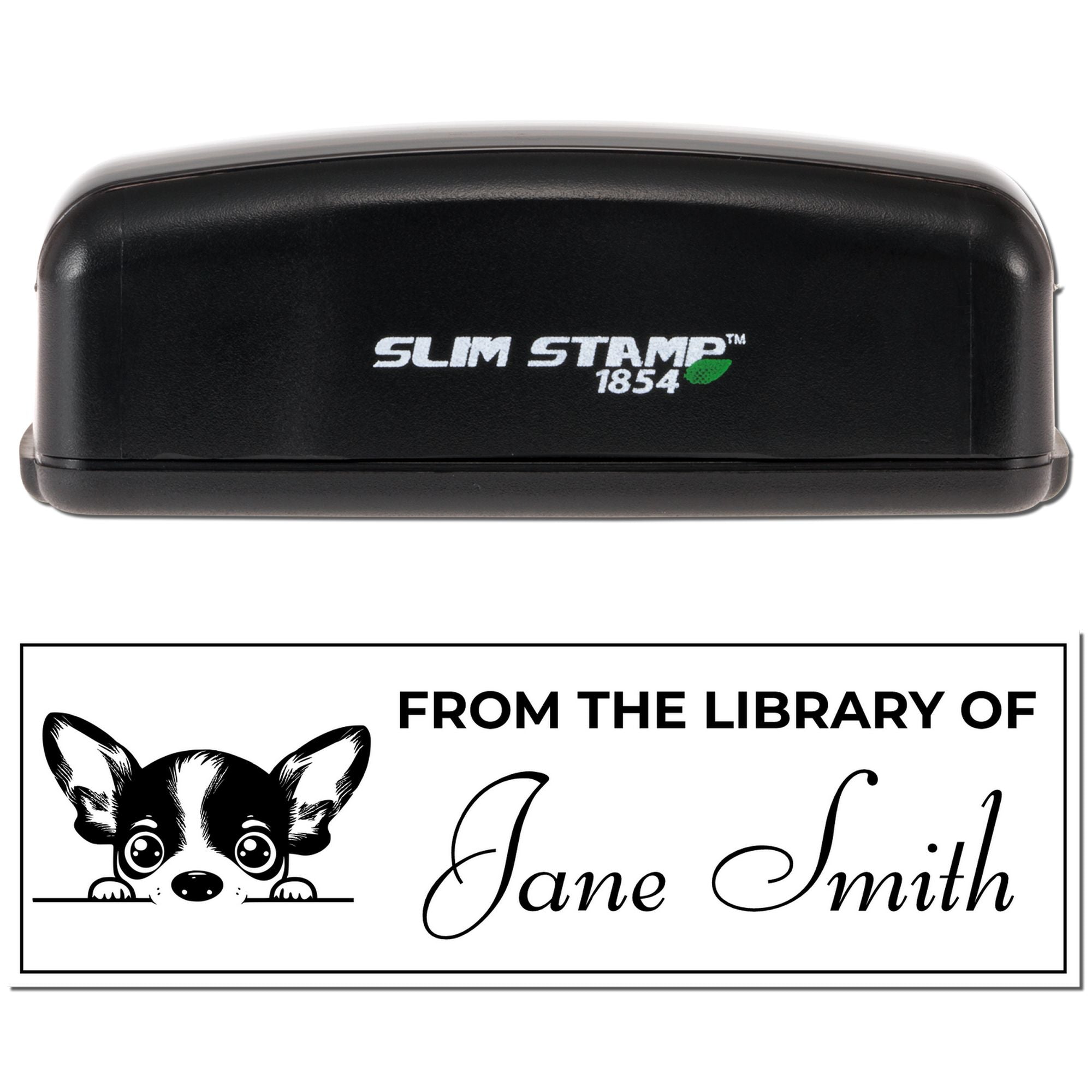 Slim Stamp 1854 self-inking rubber stamp with custom From the Library of Jane Smith dog bookplate design.