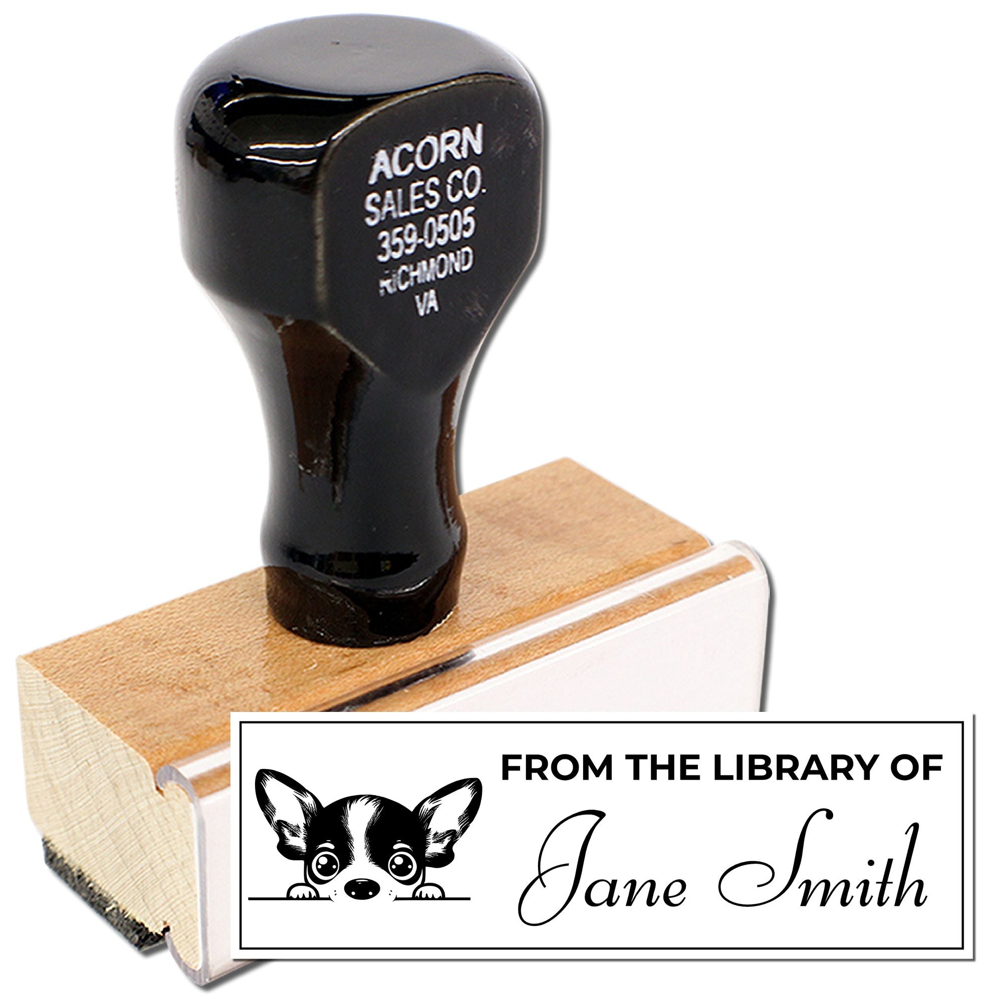 Custom library rubber stamp with dog graphic and Jane Smith name for personalized book labeling.