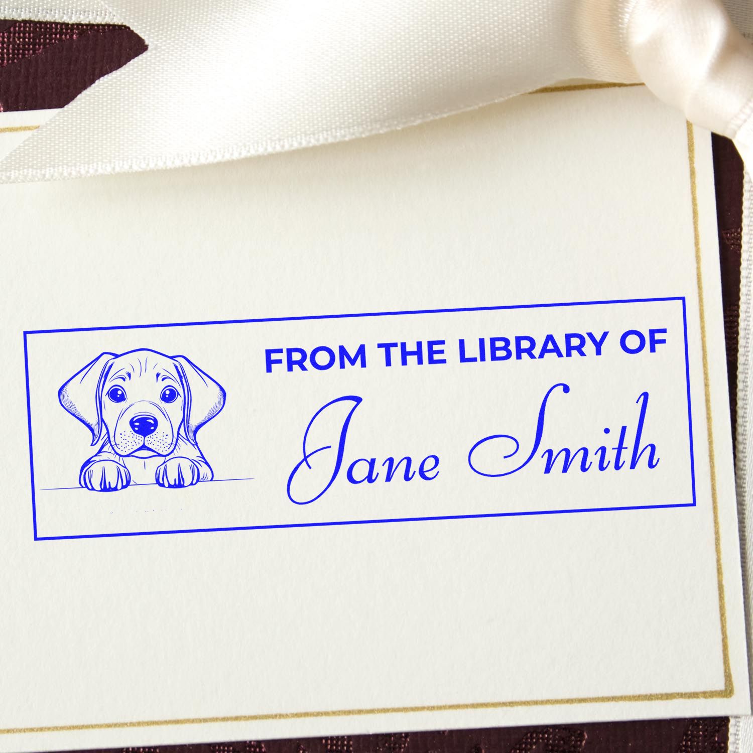 Custom dog bookplate rubber stamp with From the library of Jane Smith and puppy illustration for personal library books.