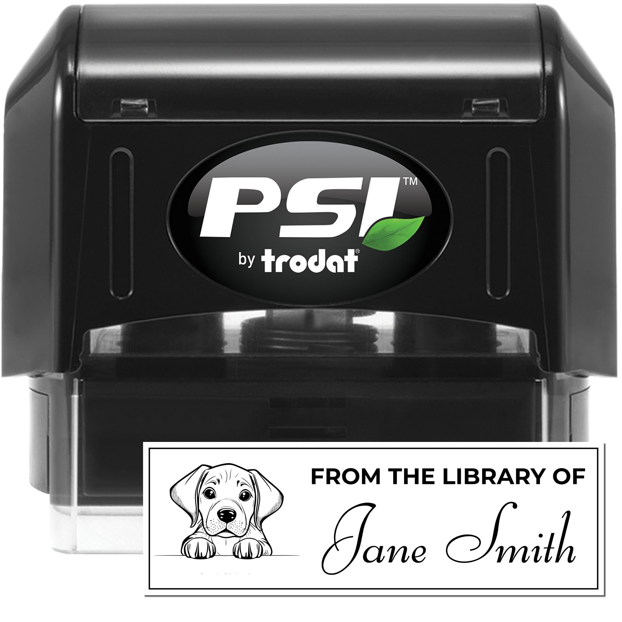 PSI by Trodat self-inking rubber stamp with custom From the Library of Jane Smith bookplate design and dog illustration.