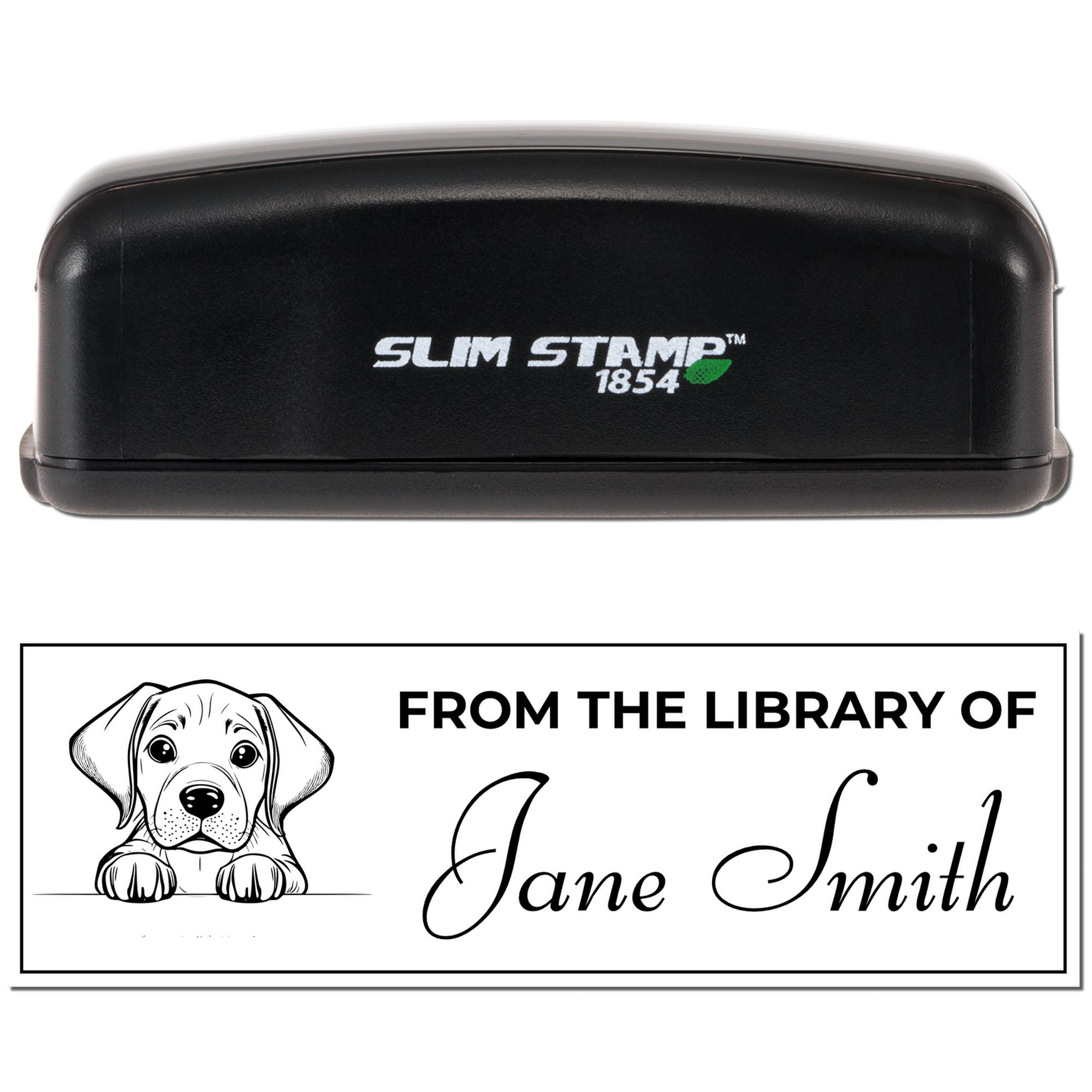 Slim Stamp 1854 custom rubber stamp with dog-themed personalized library book label for Jane Smith.
