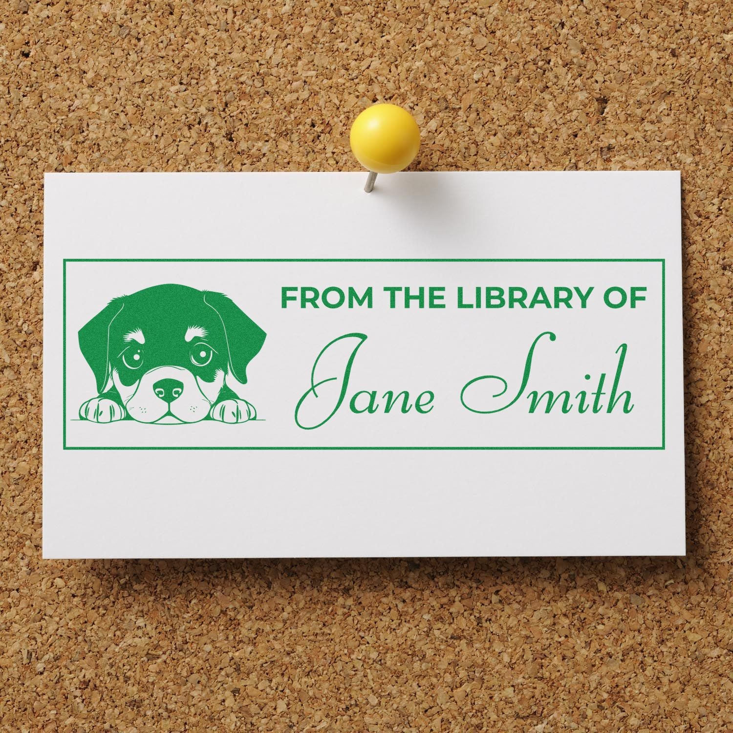 Personalized dog library rubber stamp with From the Library of Jane Smith for pet lovers and custom book return labels.