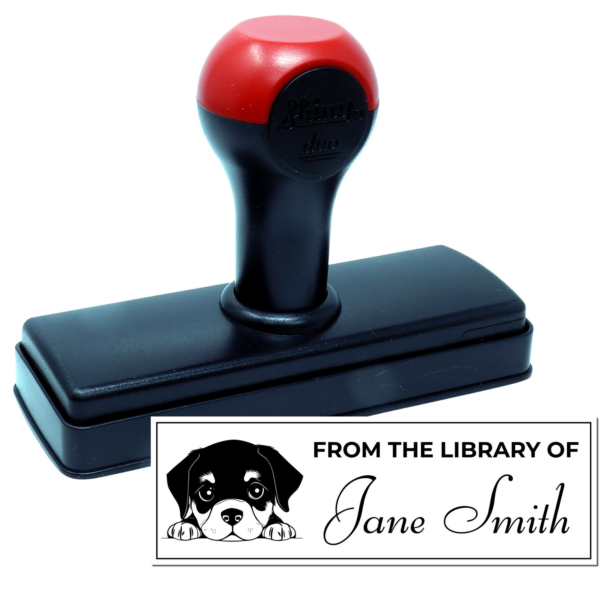 Personalized self-inking library rubber stamp with dog design and name for custom book marking.