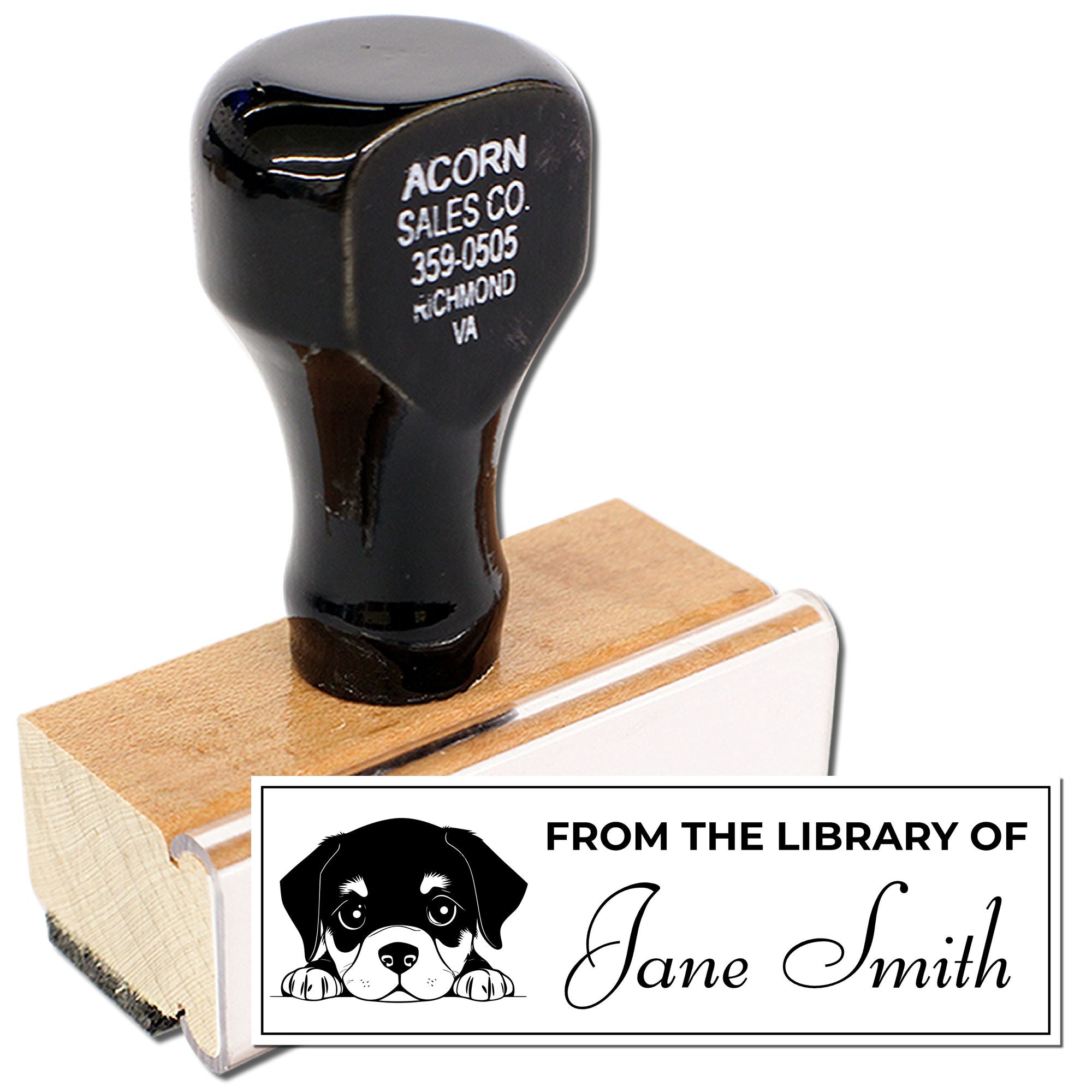 Custom rubber stamp for books, From the Library of Jane Smith, with dog logo for personalized bookplate marking.
