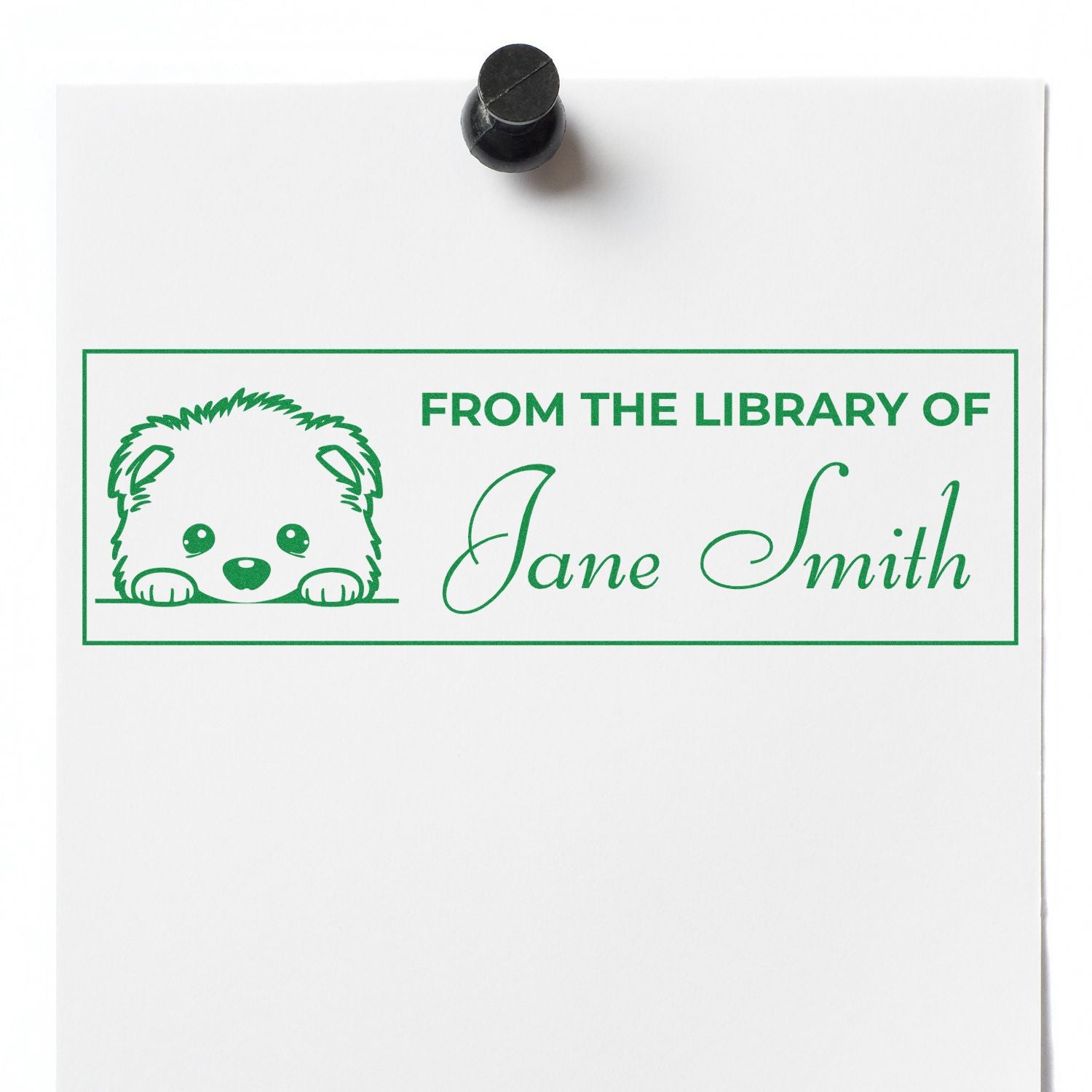 Personalized library rubber stamp with dog icon and From the Library of Jane Smith bookplate design.
