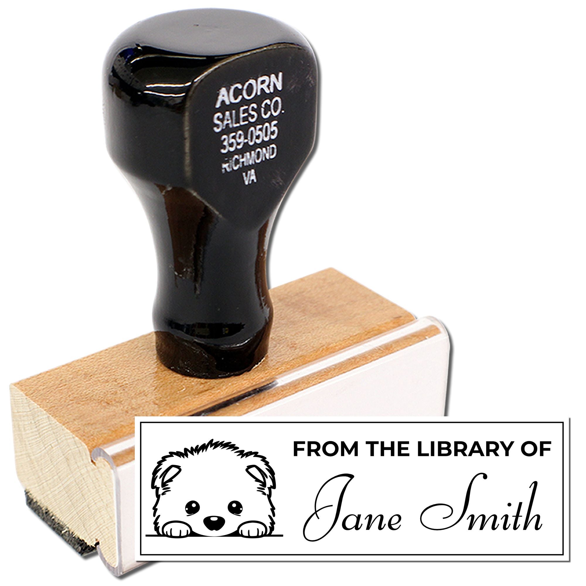 Custom self-inking rubber stamp with "From the Library of Jane Smith" design and bear graphic for personalized book stamping.