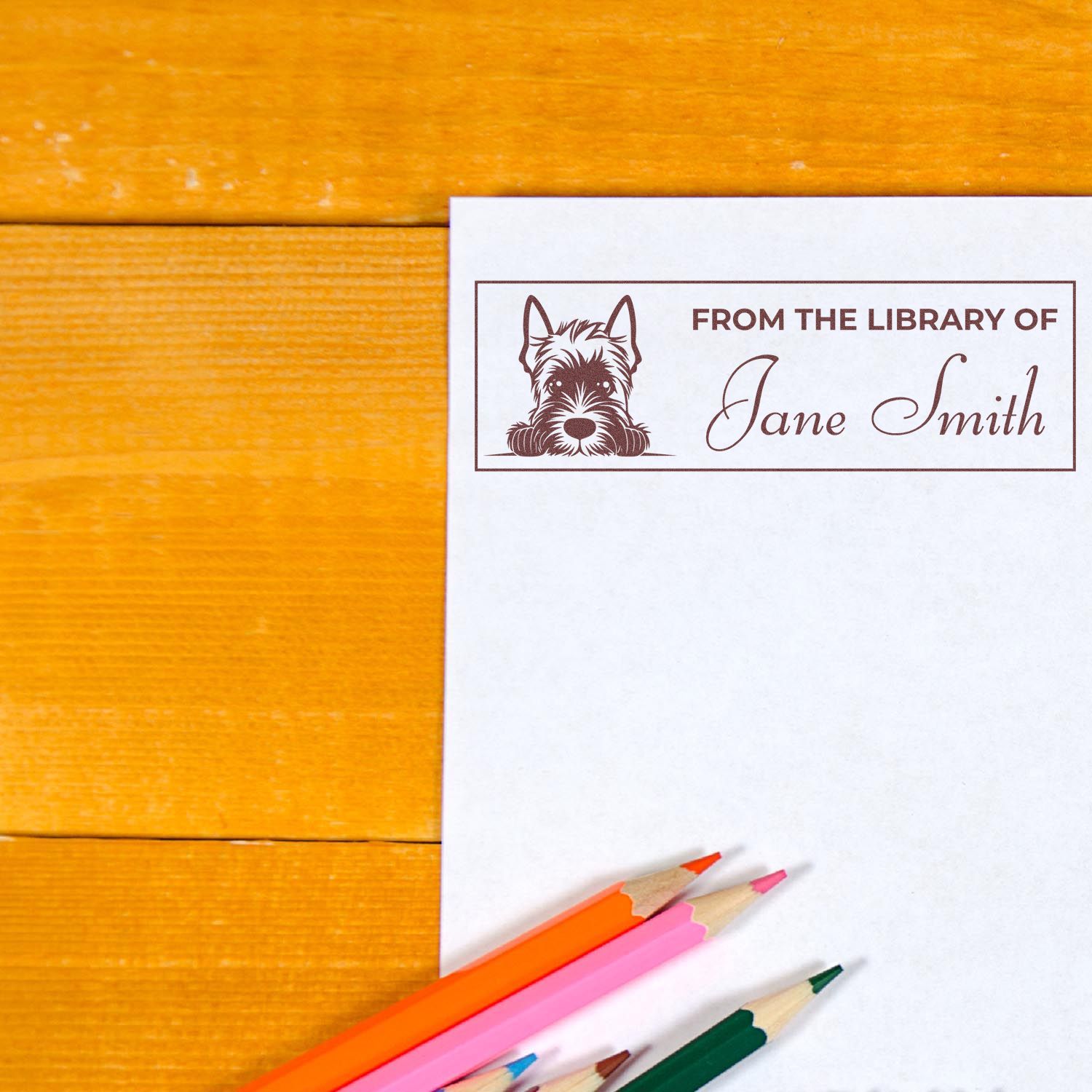 Custom From the Library of Jane Smith rubber stamp with dog illustration, a personalized book lover library stamp.