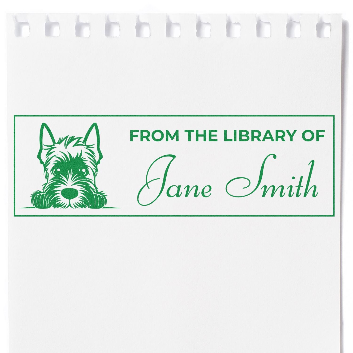 Custom library bookplate rubber stamp with dog illustration and personalized From the Library of Jane Smith text.