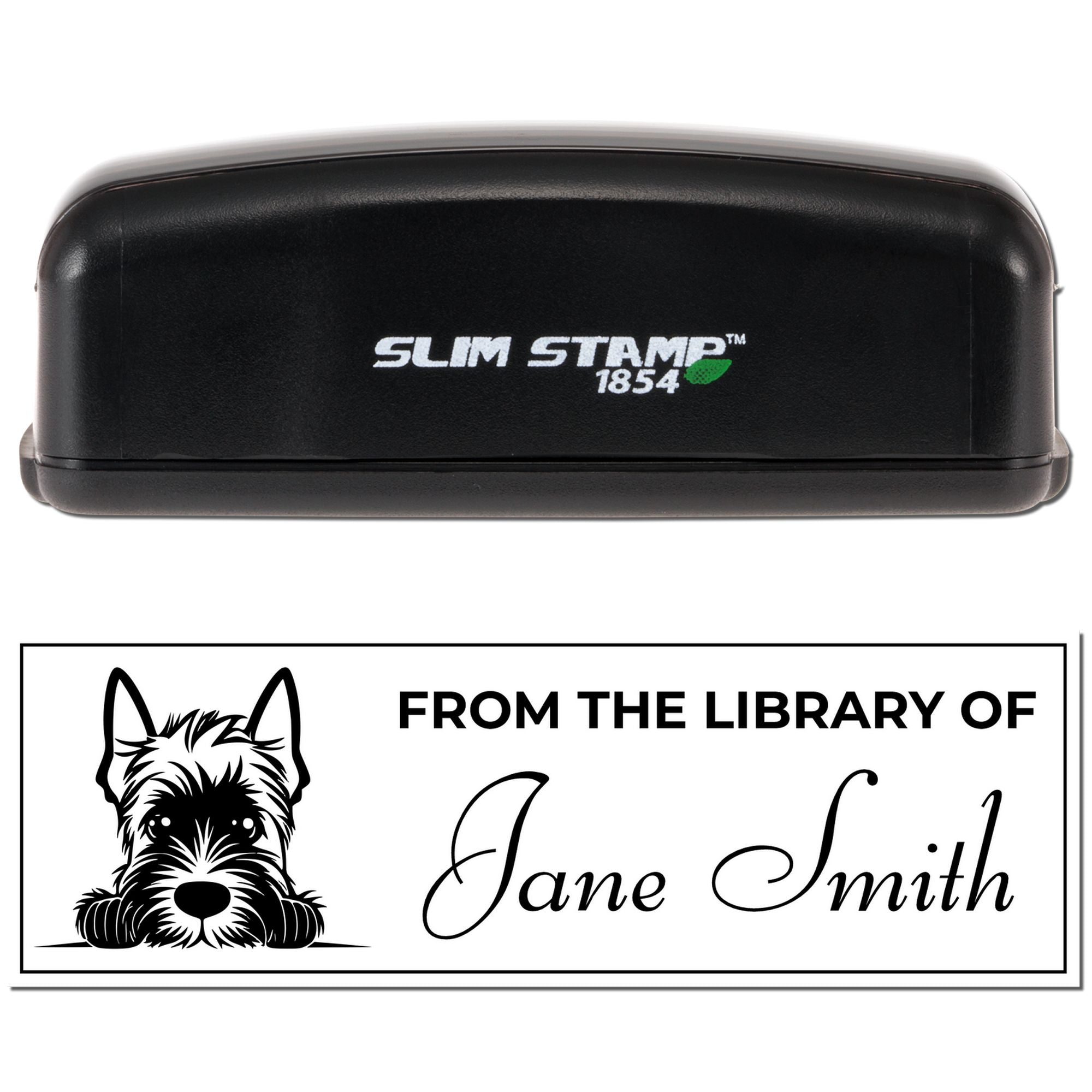 Slim Stamp 1854 self-inking rubber stamp with custom From the Library of Jane Smith dog bookplate design.