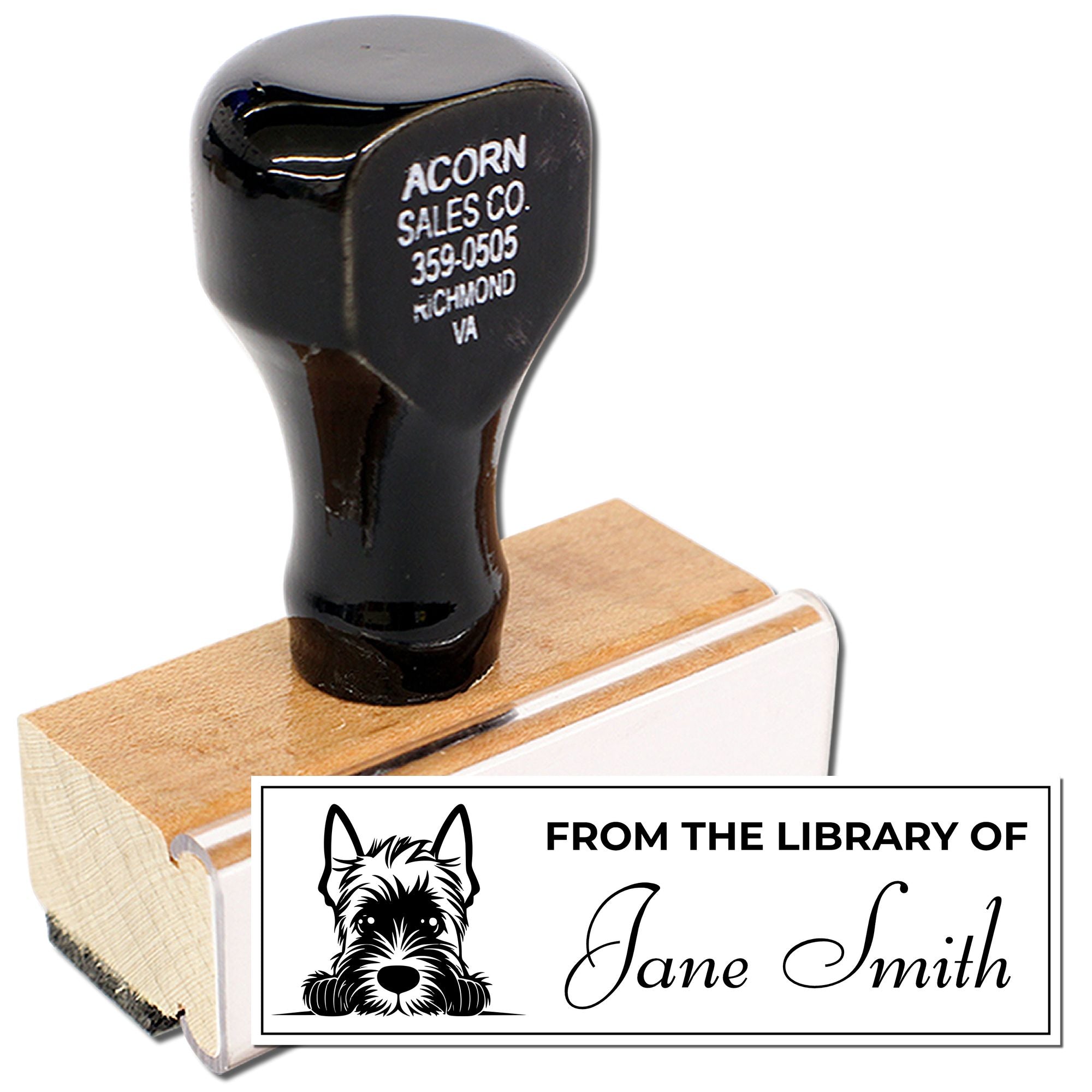 Custom rubber stamp with dog design and personalized library text for books, bookplates, and stationery.