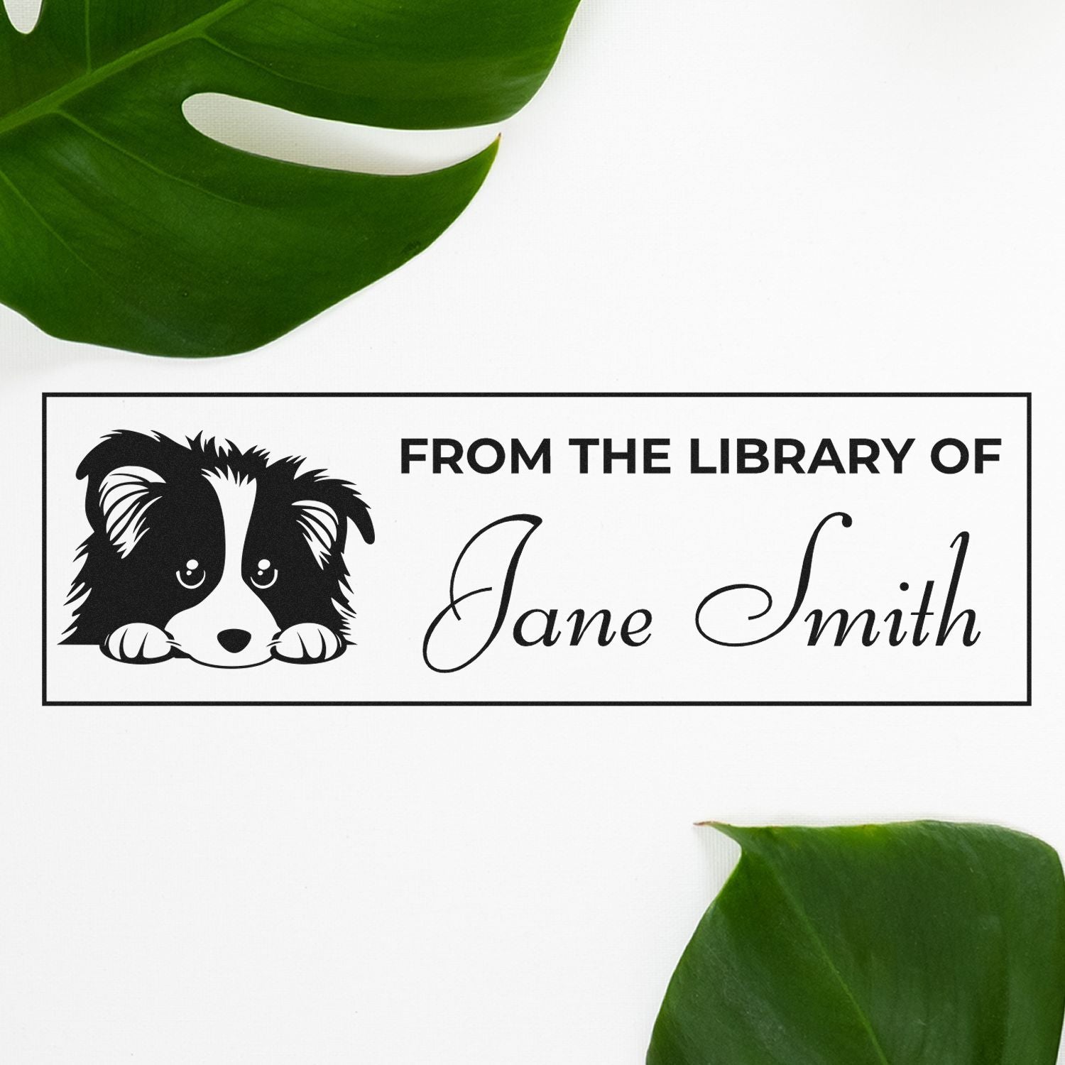 Custom dog book stamp reading From the Library of Jane Smith for personal library books.