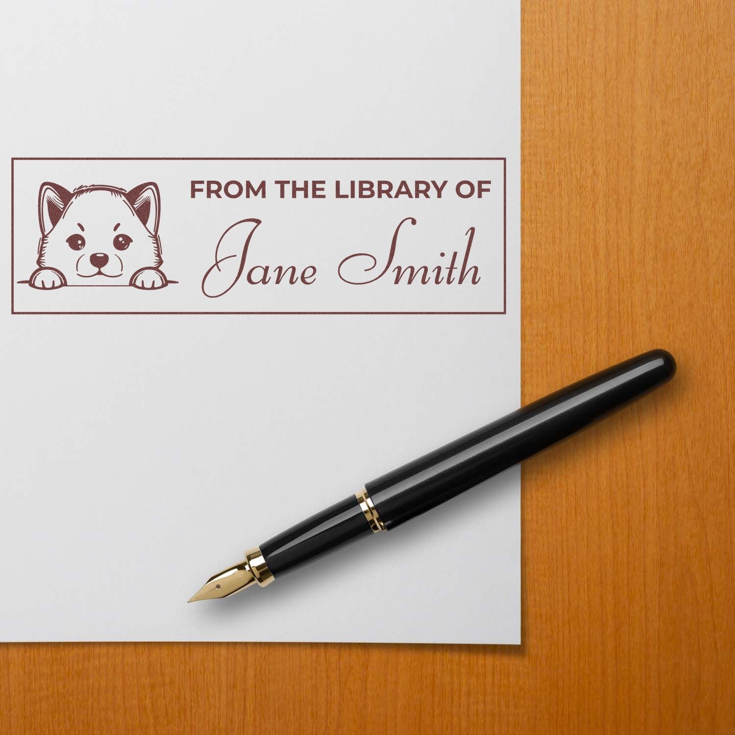 Custom dog library stamp reading From the Library of Jane Smith for personalized bookplates and book marking.