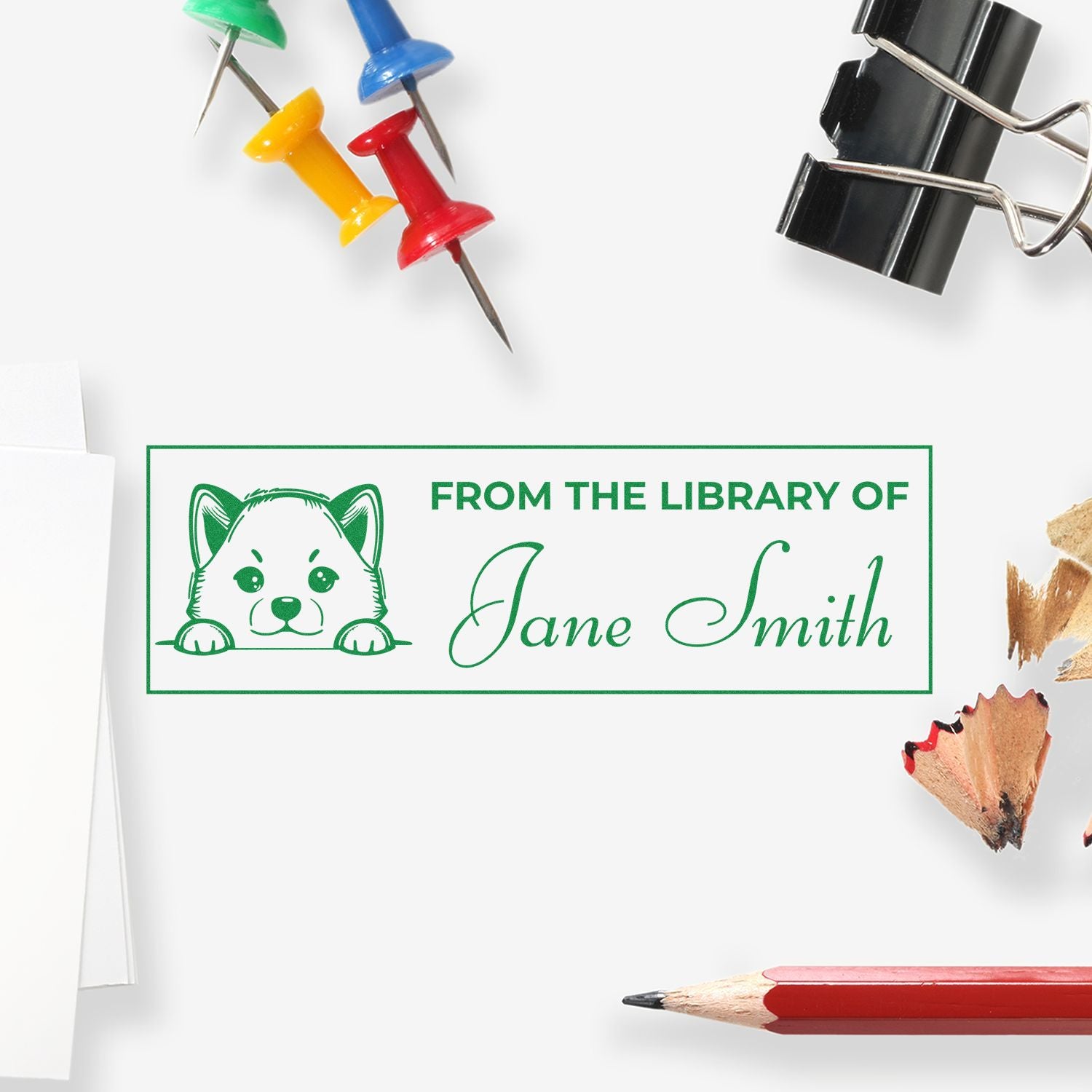 Personalized library rubber stamp with cat illustration and Jane Smith name