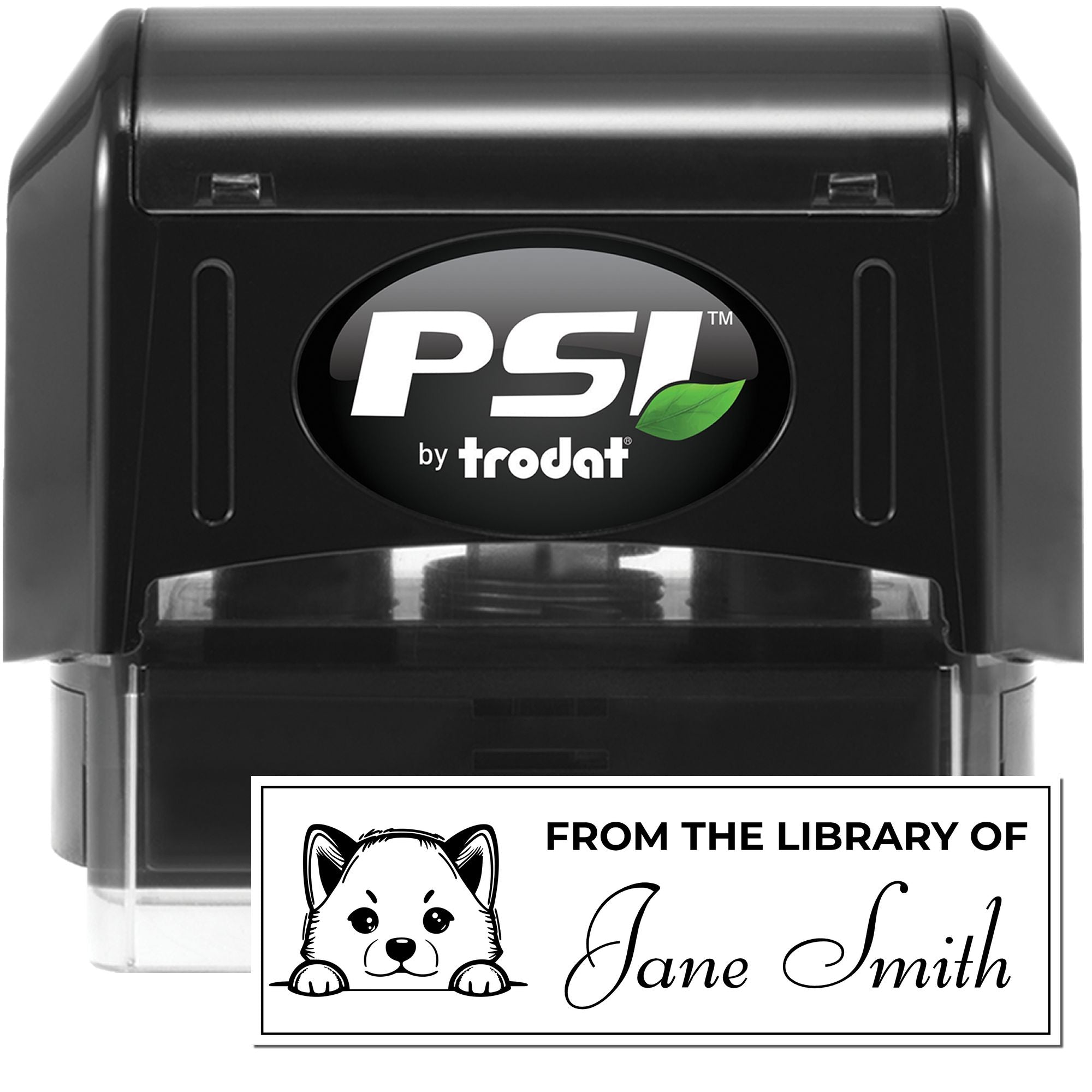 PSI by Trodat self-inking custom rubber stamp with From the Library of Jane Smith bookplate design and cat illustration
