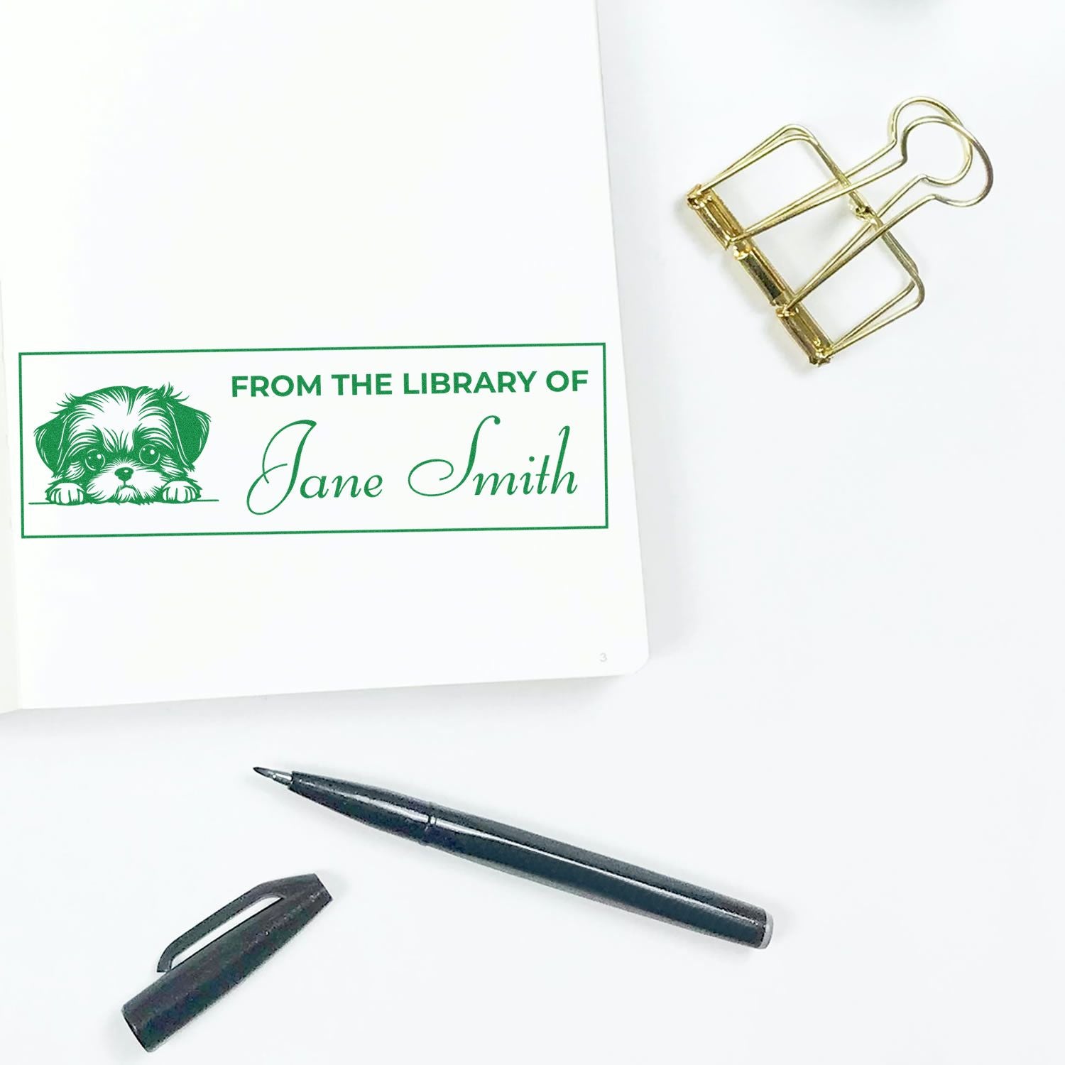 Custom rubber library stamp impression with dog illustration and From the Library of Jane Smith personalized ex libris design.