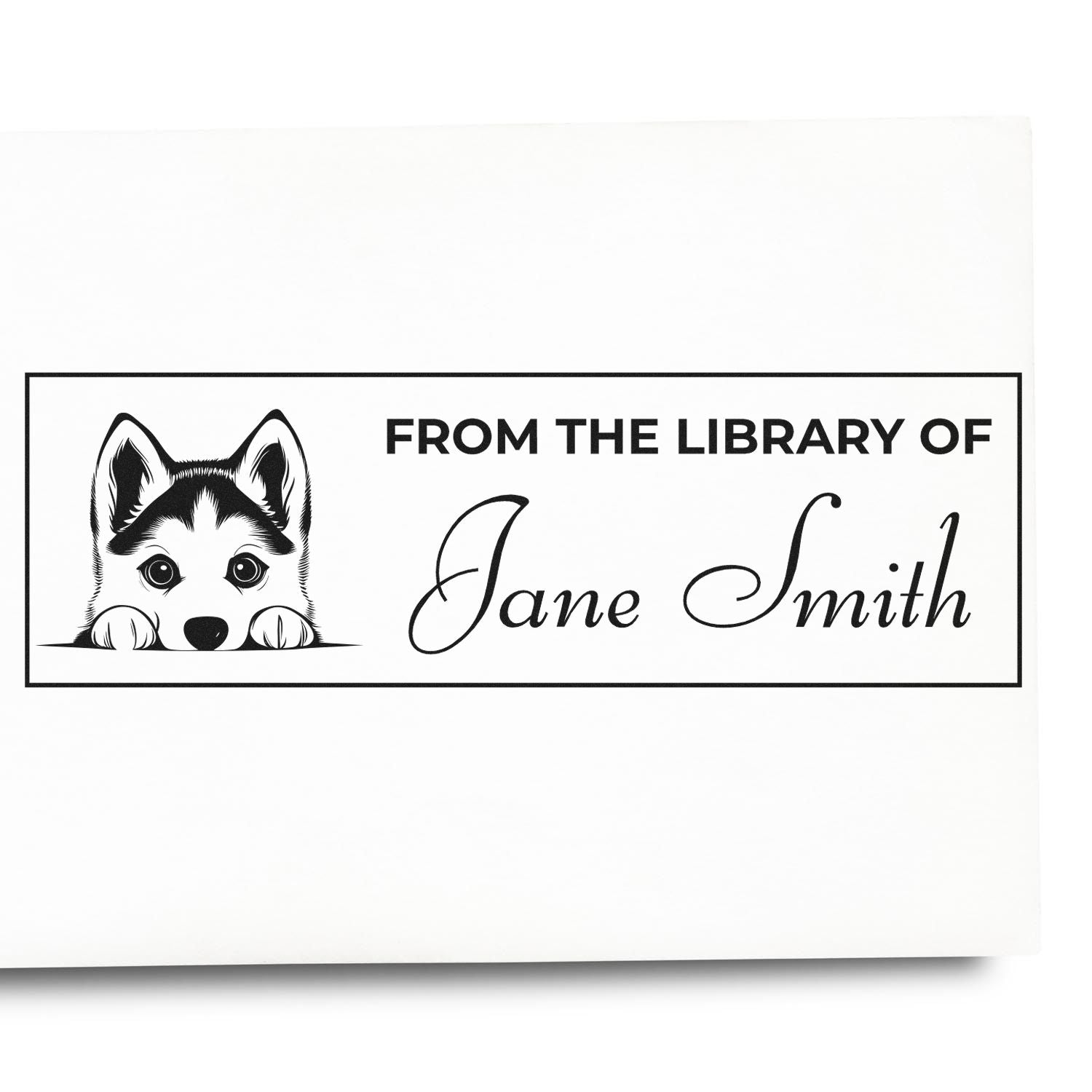 Custom husky dog library rubber stamp with From the Library of Jane Smith personalized bookplate design.