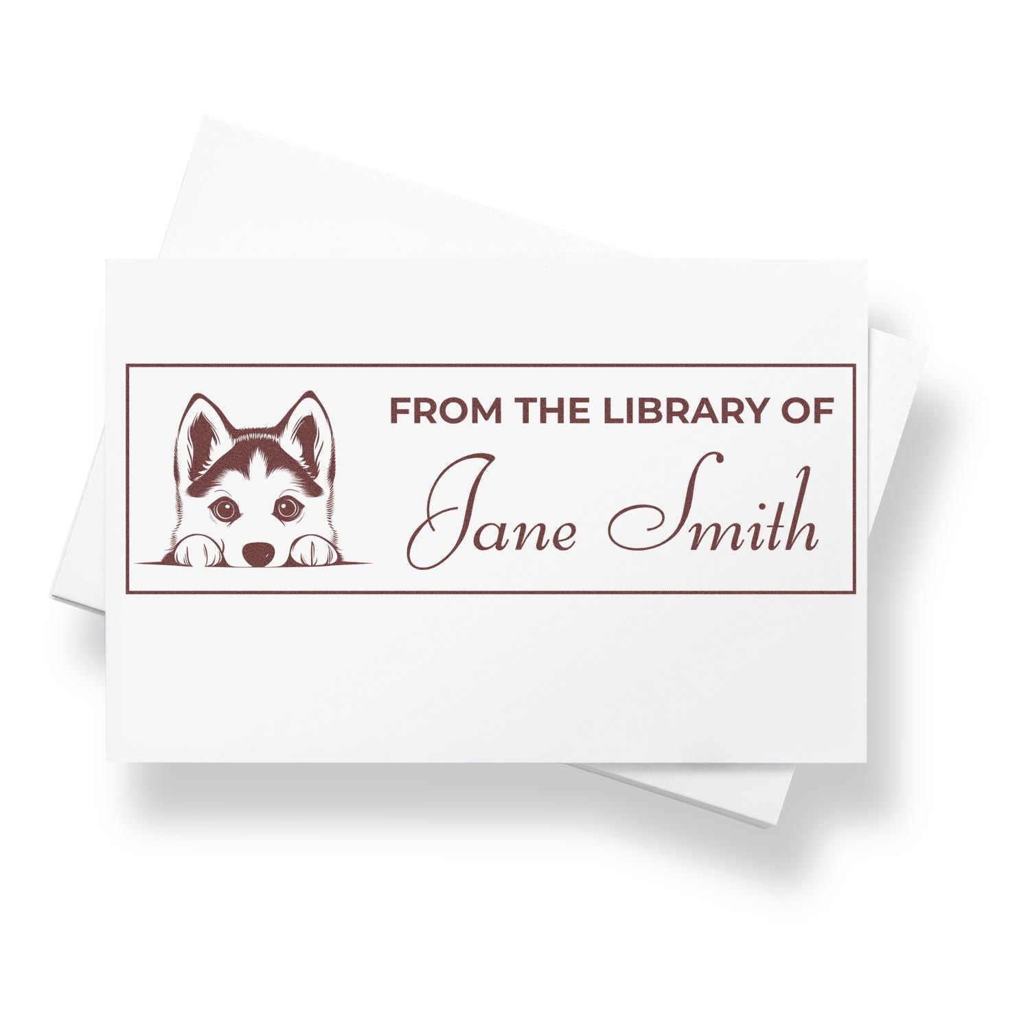 Personalized From the Library of Jane Smith rubber stamp with husky dog design for book lovers and library labeling.