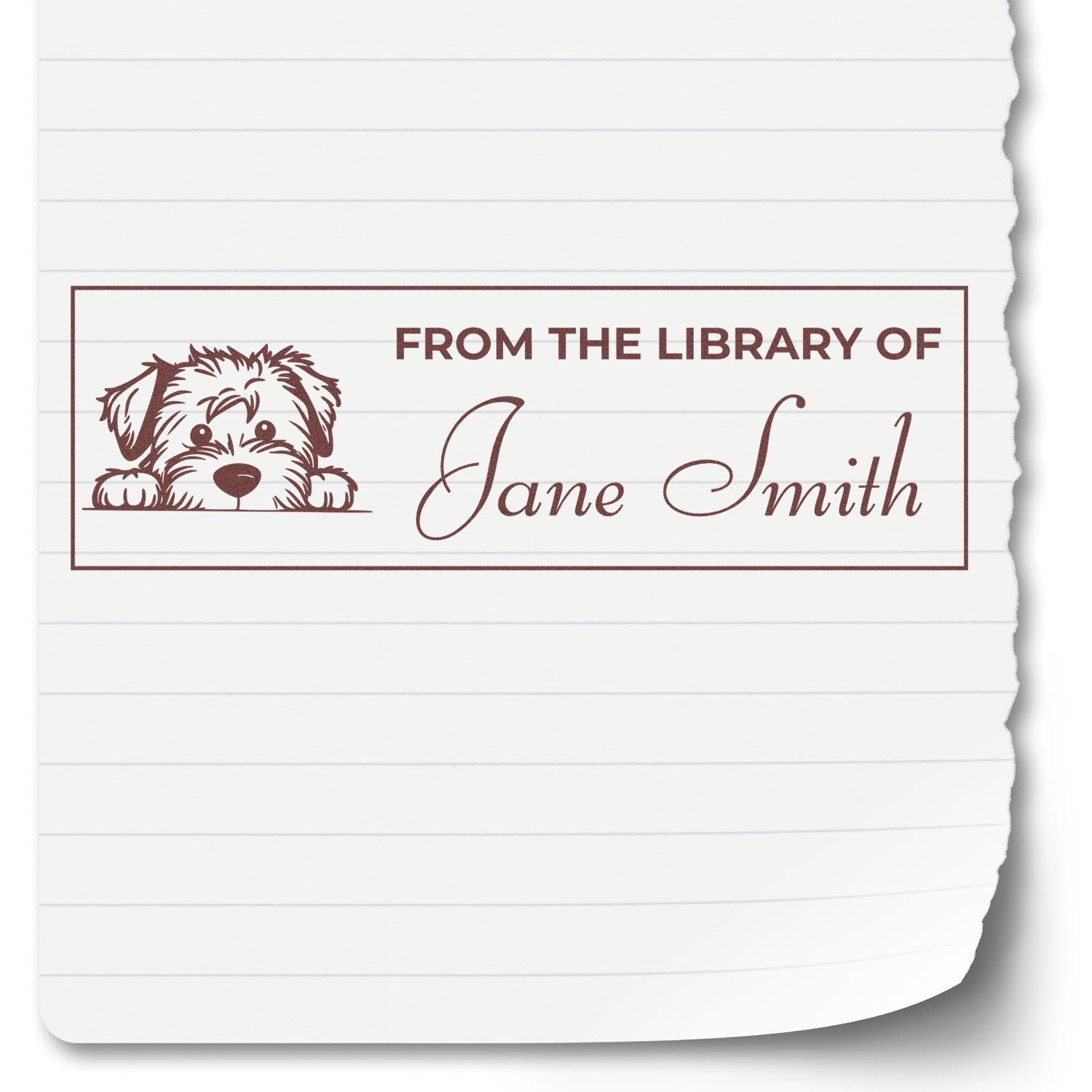 Personalized rubber stamp reading From the Library of Jane Smith with dog illustration for books and home library use.