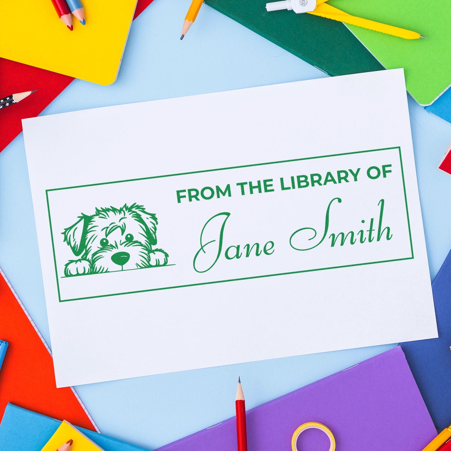 Custom library rubber stamp with dog design, personalized From the Library of Jane Smith for books.
