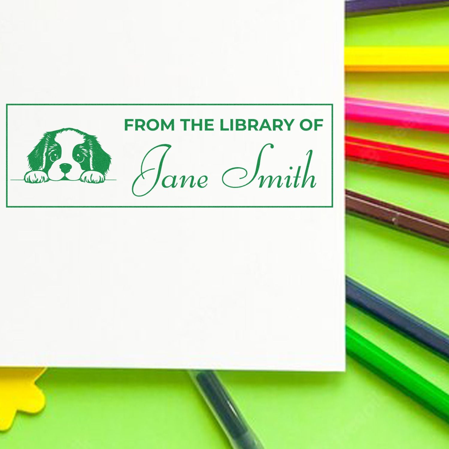 Personalized From the Library of Jane Smith rubber book stamp with puppy design for marking library books.