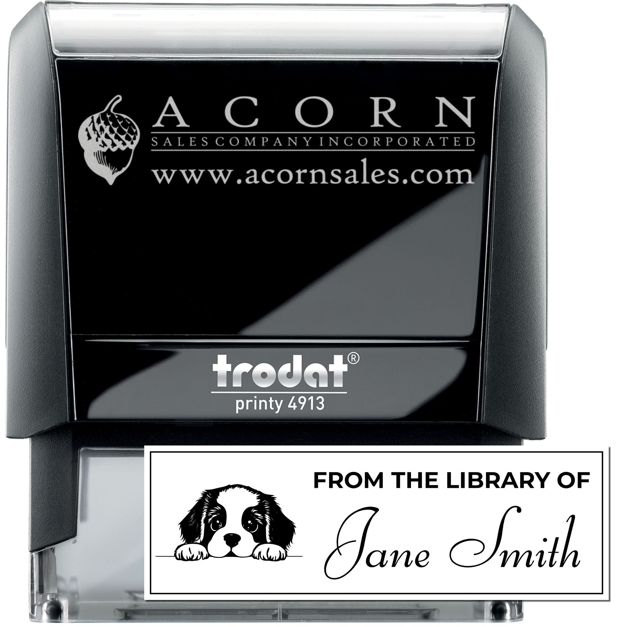 Custom self-inking rubber stamp with Acorn Sales logo and personalized library stamp sample for books and business branding.