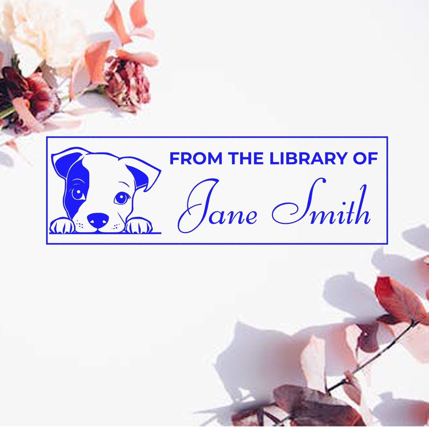 Custom rubber stamp with dog illustration and From the Library of Jane Smith text for personal book labeling.