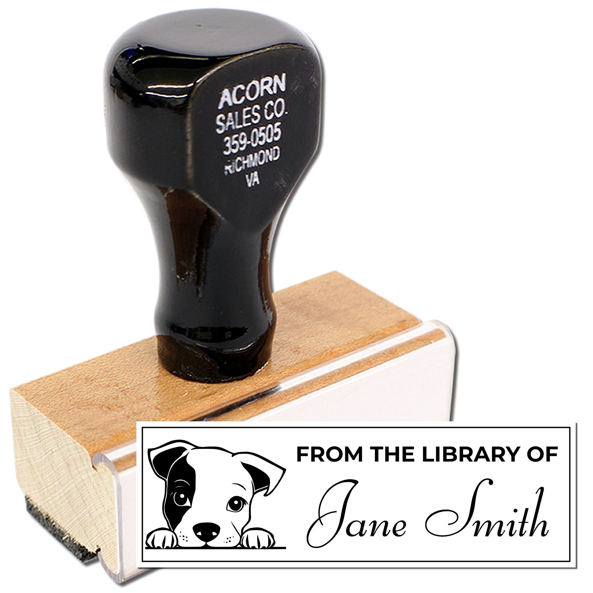 Custom self-inking rubber library stamp with dog graphic and From the Library of Jane Smith text for personalized books.