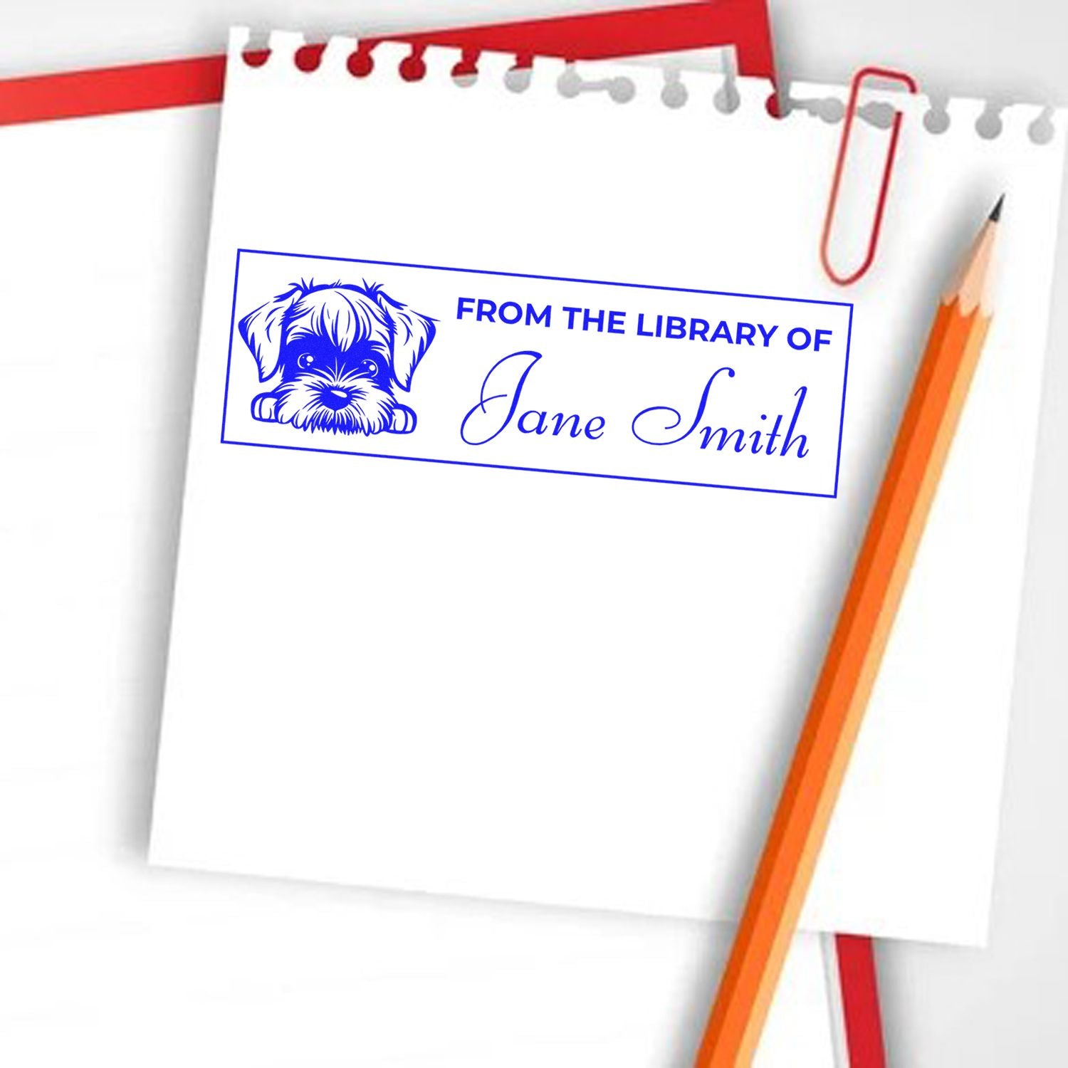 Custom rubber stamp design reading From the Library of Jane Smith with dog illustration for personalized bookplates.