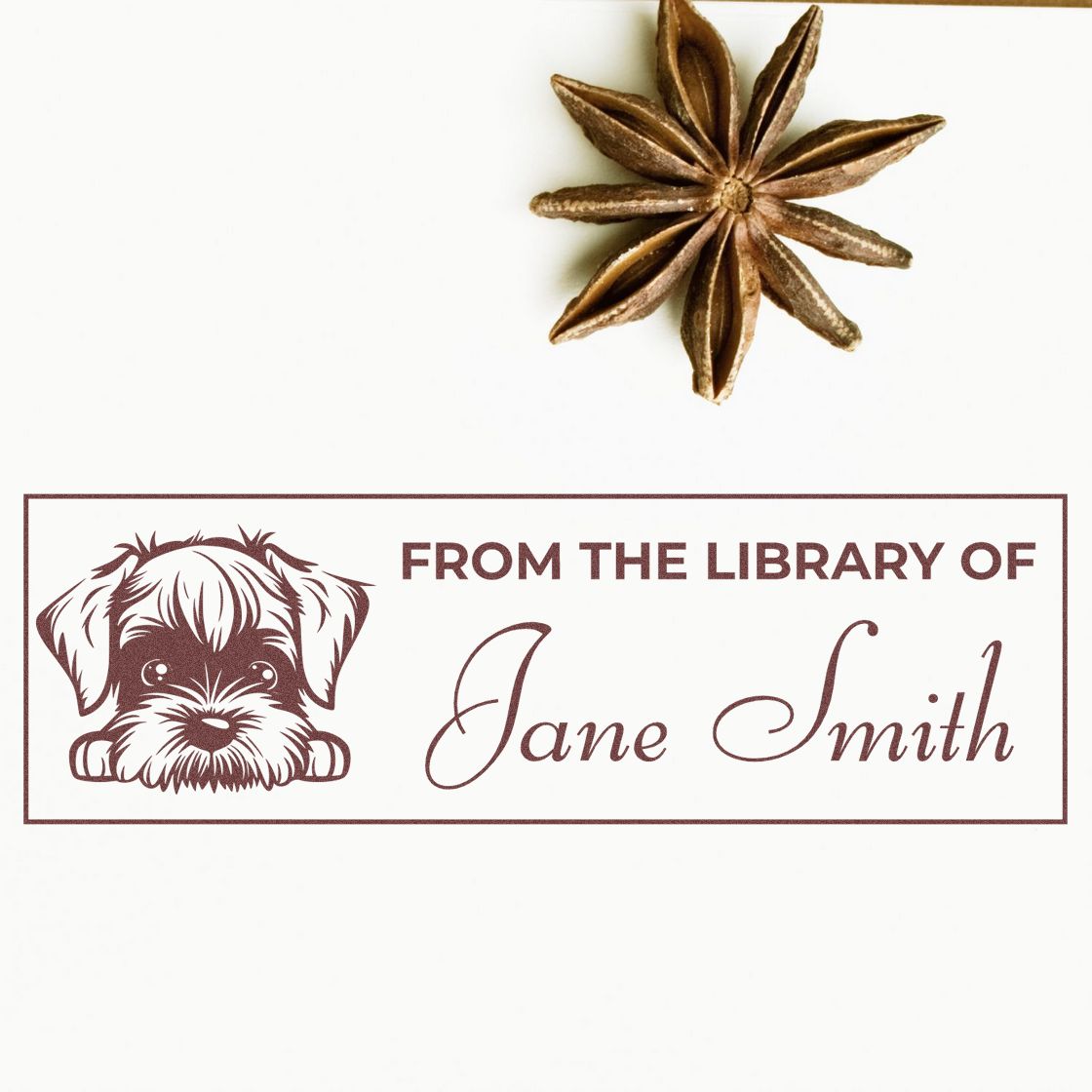 Custom bookplate rubber stamp with dog illustration and personalized From the Library of Jane Smith text.