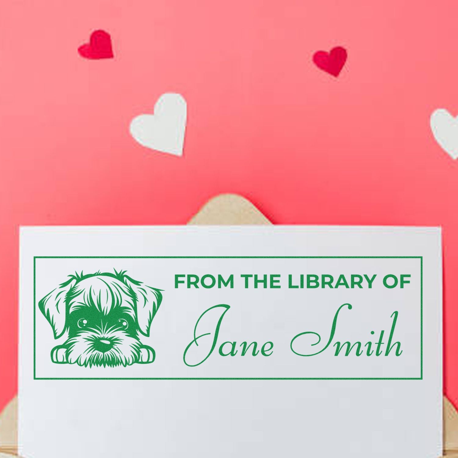 Custom rubber library stamp with dog illustration and From the Library of Jane Smith text for books, cards, and stationery.