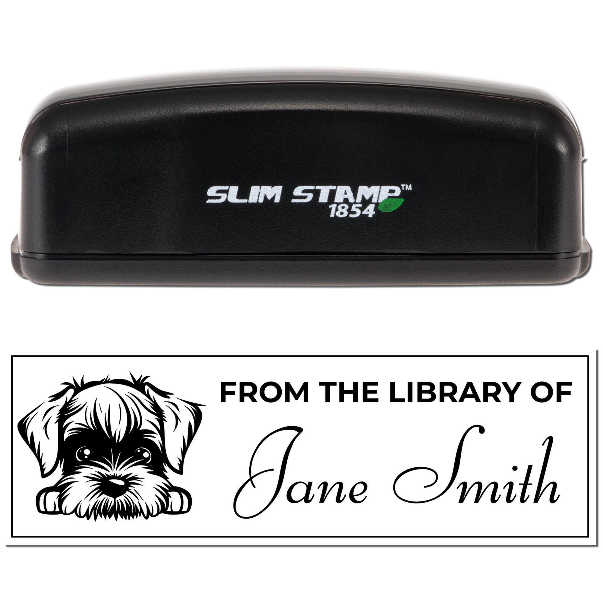 Slim Stamp 1854 personalized book stamp with dog design and From the Library of Jane Smith custom ex libris imprint