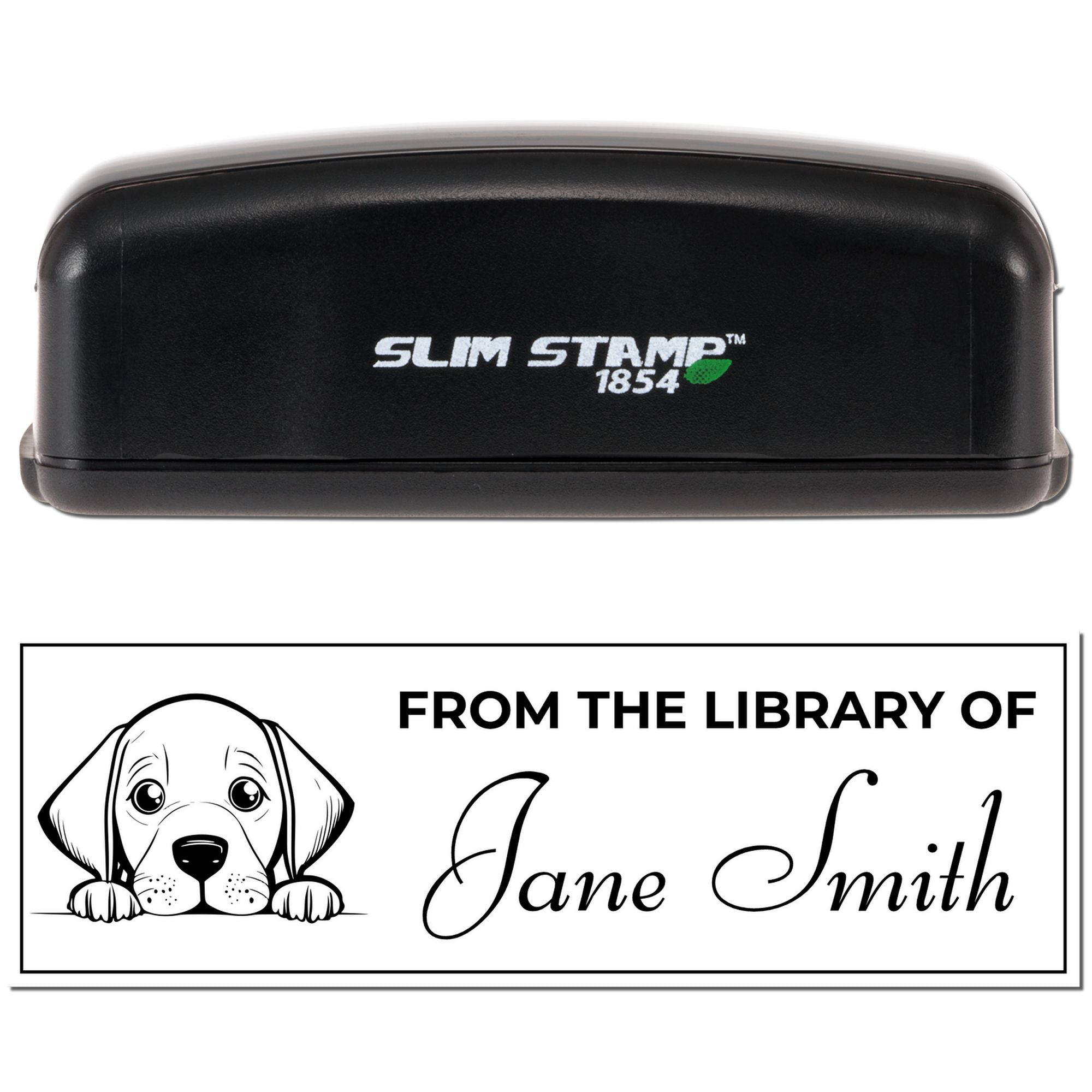 Slim Stamp 1854 self-inking rubber stamp with custom dog bookplate text From the Library of Jane Smith for personal libraries.