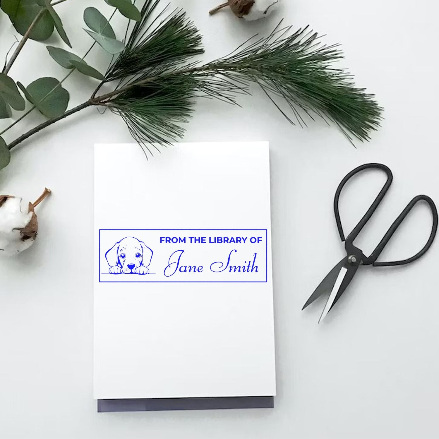 Custom dog library rubber stamp with From the Library of Jane Smith for personalized bookplate and book lending use.