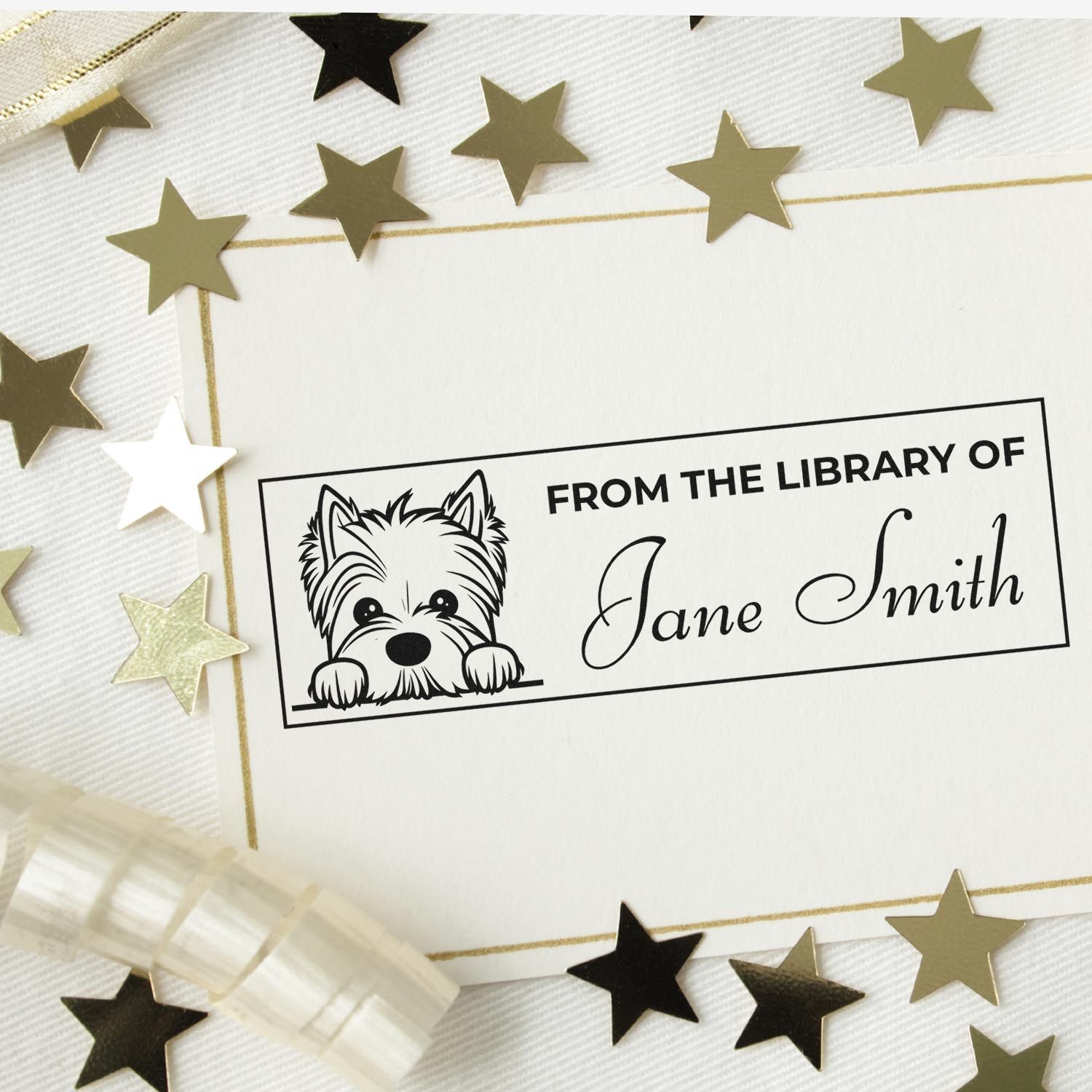Personalized dog library rubber stamp for bookplates, featuring From the Library of and a custom name.