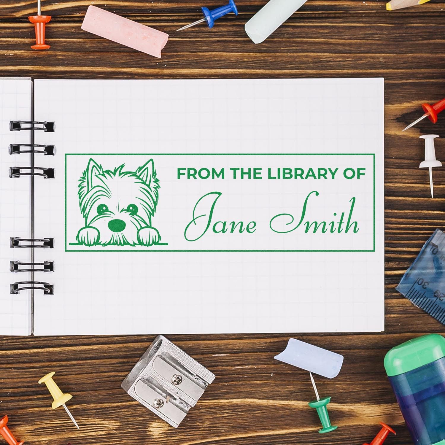 Personalized rubber stamp with dog design and From the Library of Jane Smith bookplate for custom library books.