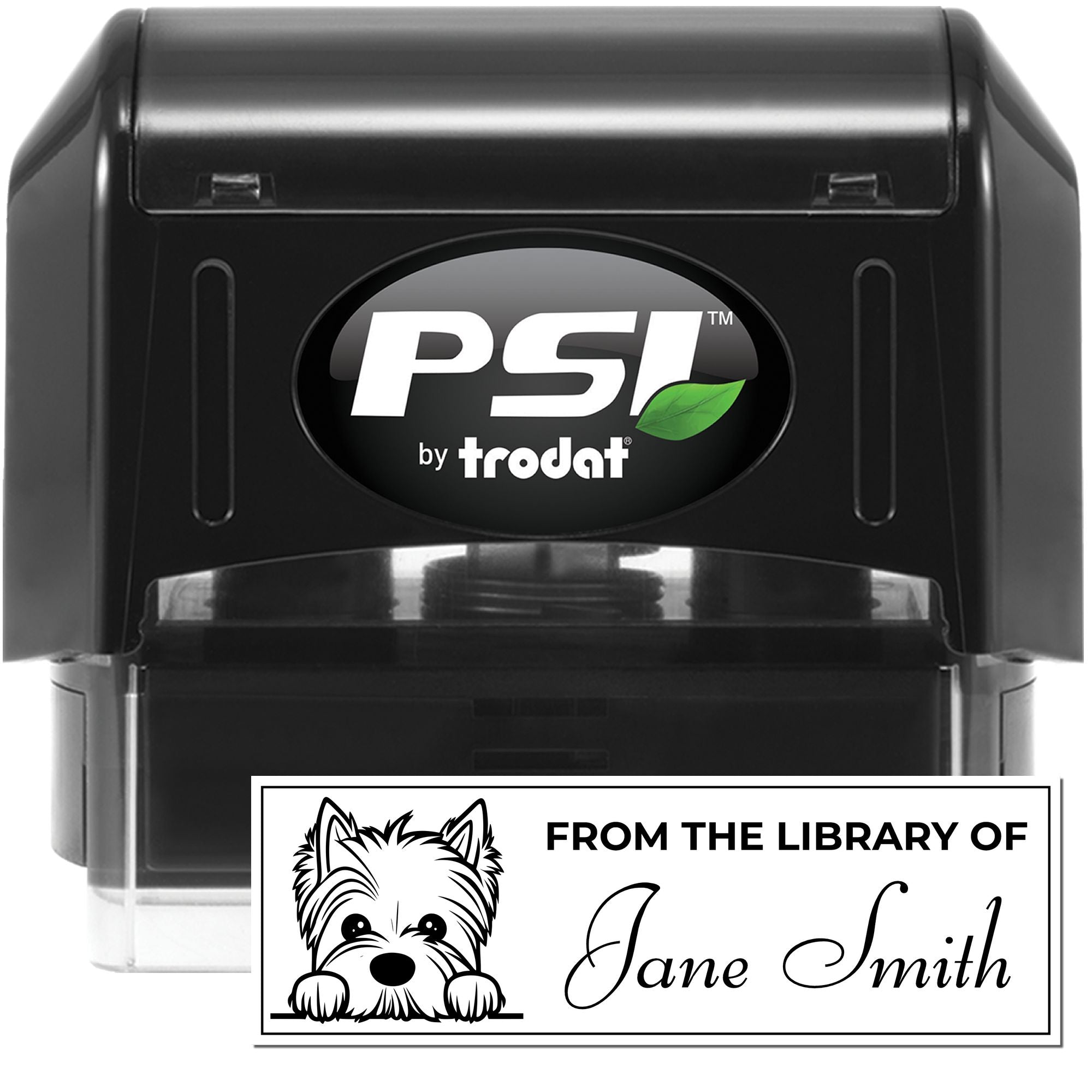 PSI by Trodat self-inking rubber stamp with custom From the Library of Jane Smith dog book stamp design for personalized books.