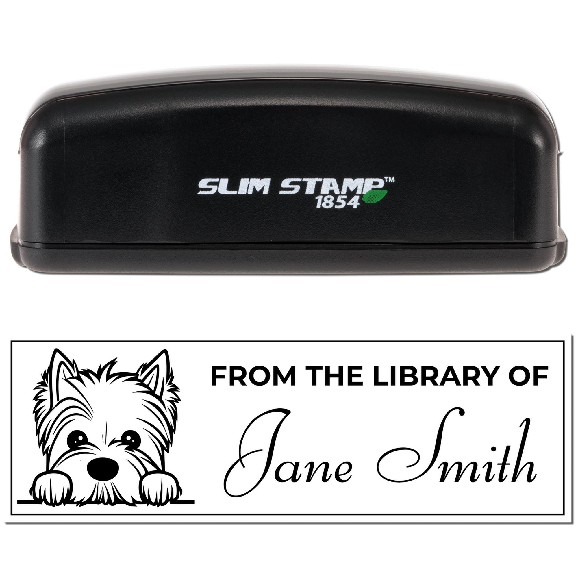 Custom Slim Stamp 1854 self-inking rubber stamp with dog library design and personalized From the Library of Jane Smith text.
