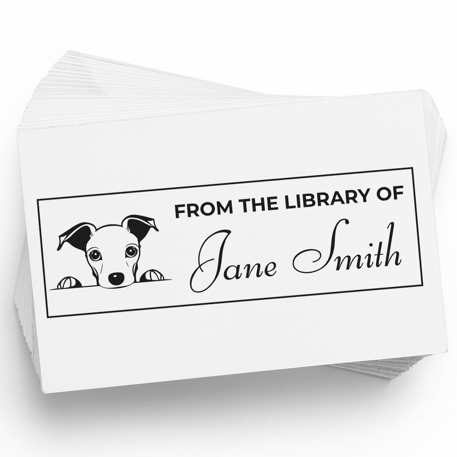 Personalized bookplate rubber stamp with dog design, reading From the Library of Jane Smith for custom library ownership.