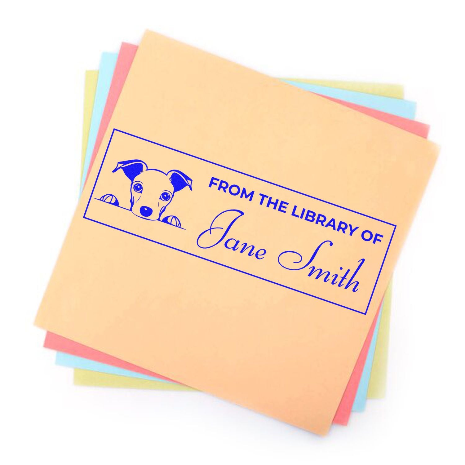 Custom From the Library of rubber stamp with dog design and Jane Smith name for personalized book ownership marking