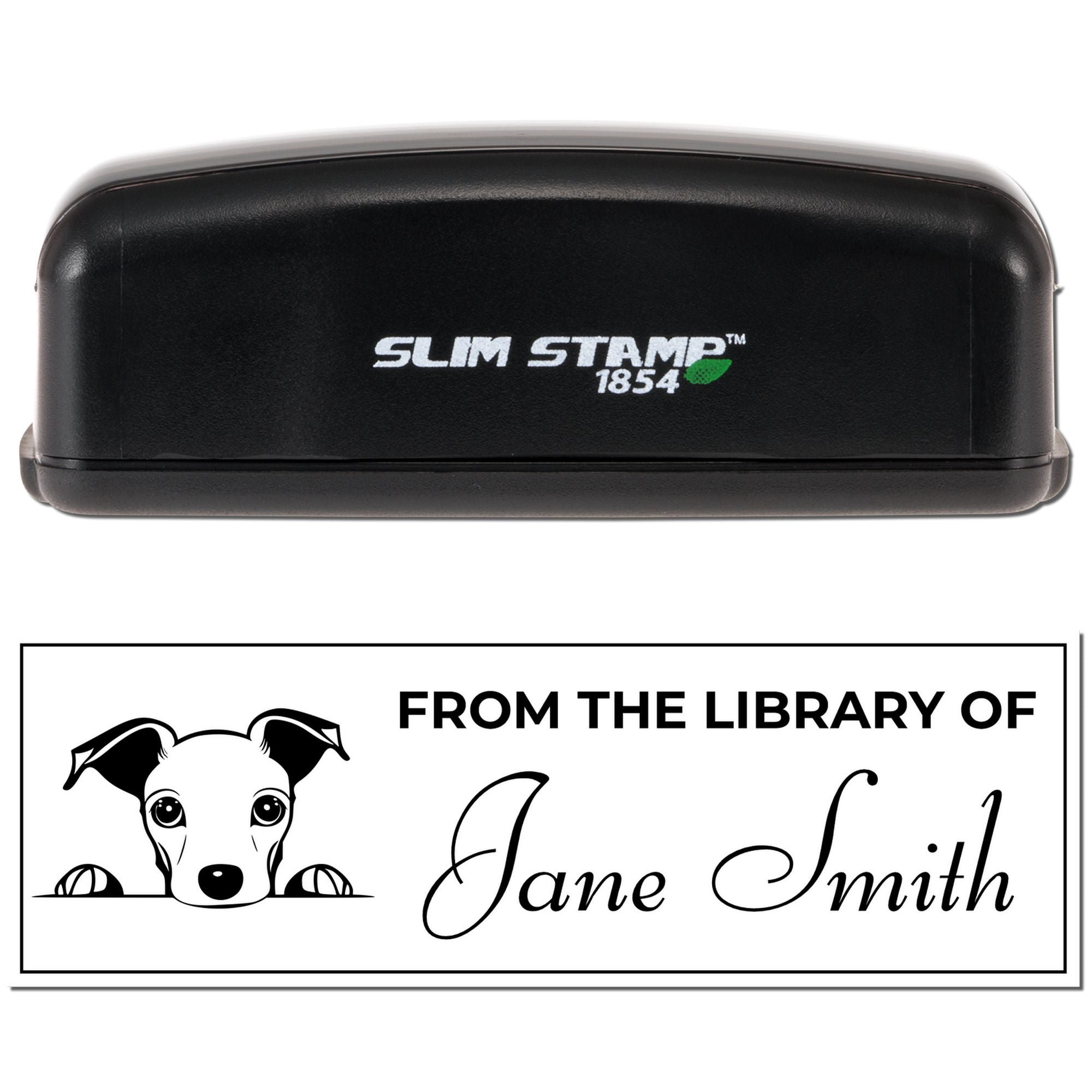 Slim Stamp 1854 custom self-inking rubber stamp for library books, featuring From the Library of Jane Smith dog design.