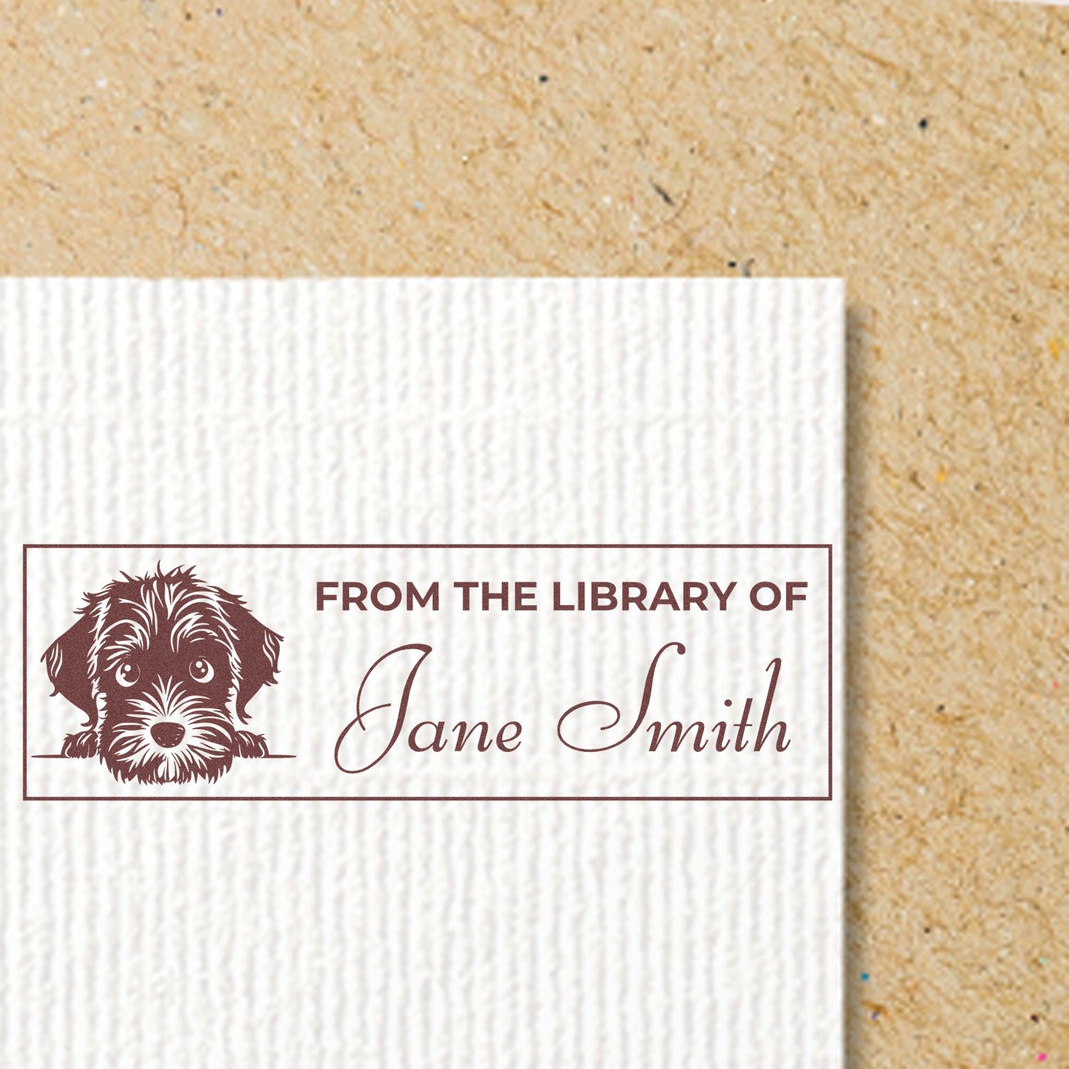 Custom rubber stamp bookplate with dog portrait and From the Library of Jane Smith text for personalized books.