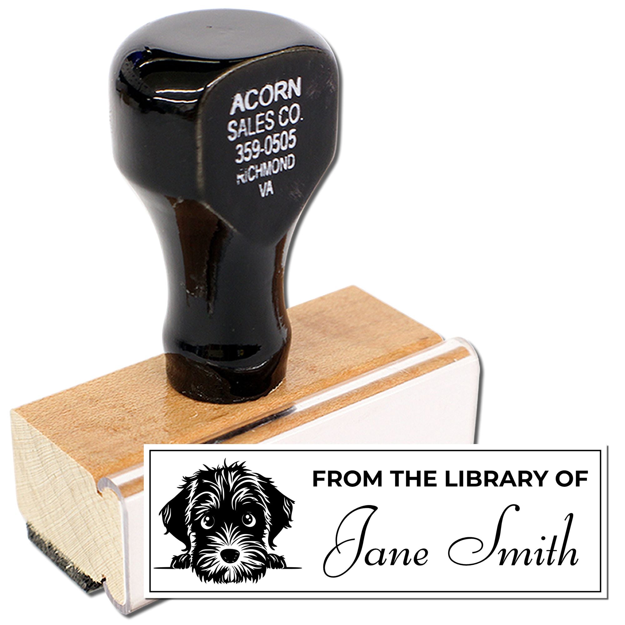 Custom rubber stamp with dog design for a personalized From the Library of Jane Smith book ownership imprint.