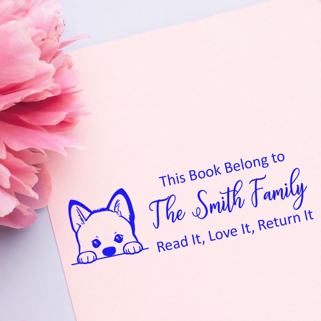 Personalized rubber stamp for books with dog design: This Book Belongs to The Smith Family. Read It, Love It, Return It.