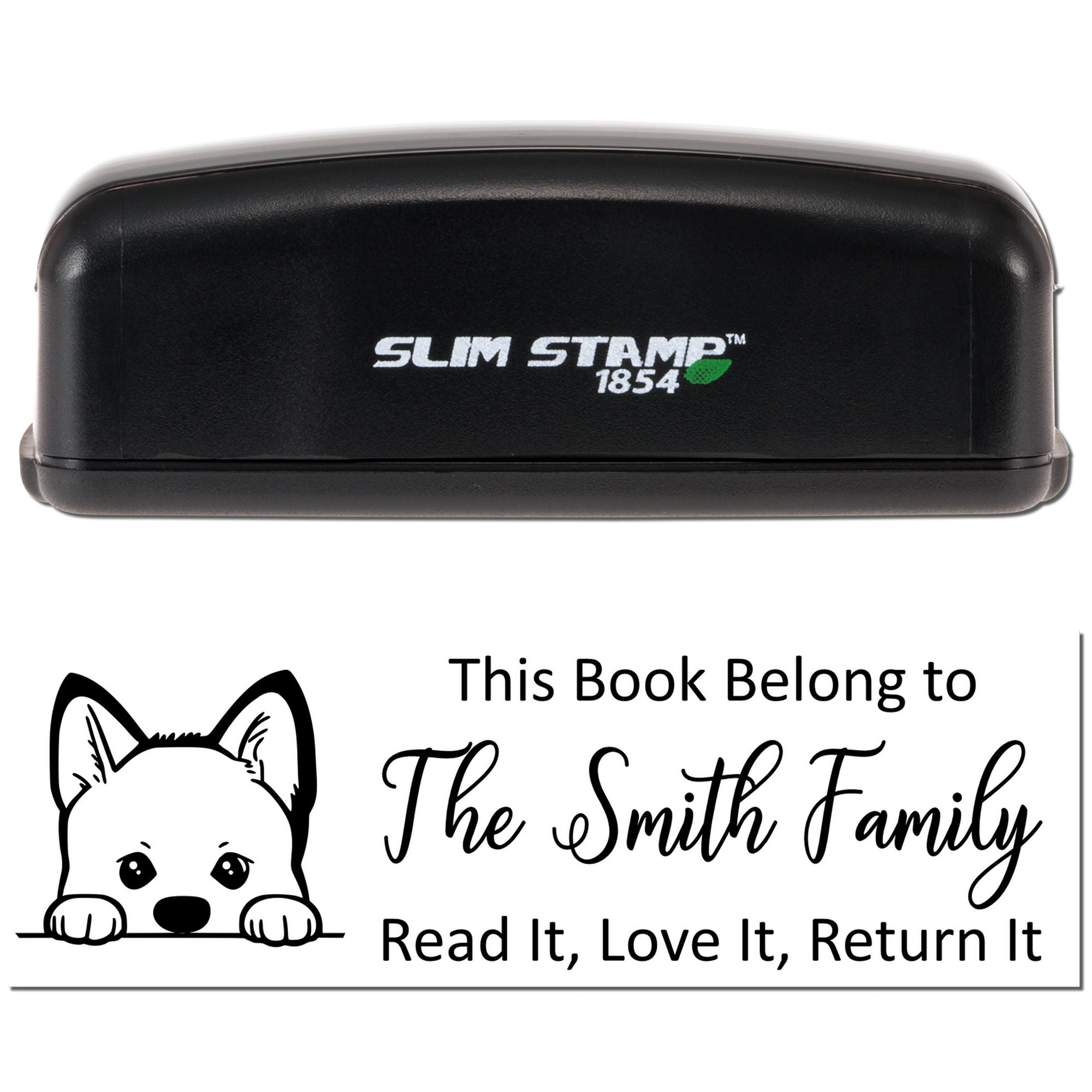 SlimStamp 1854 custom book stamp with cat bookplate for The Smith Family, reading Read It, Love It, Return It.