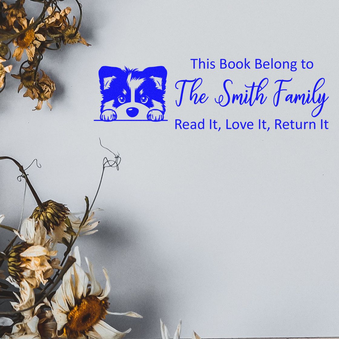 Personalized book stamp for The Smith Family with raccoon design and Read it, love it, return it message.
