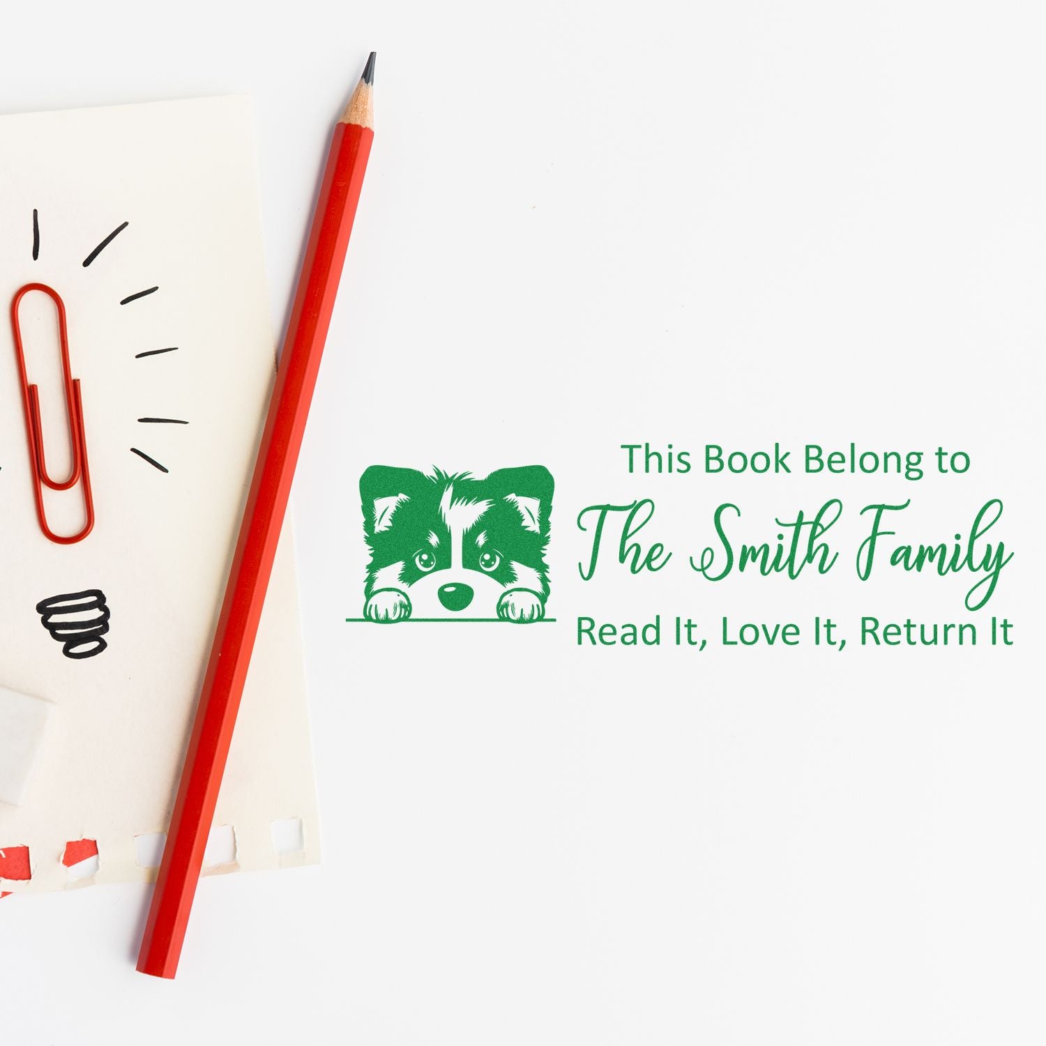Personalized rubber book stamp with raccoon design for The Smith Family, Read It, Love It, Return It bookplate.