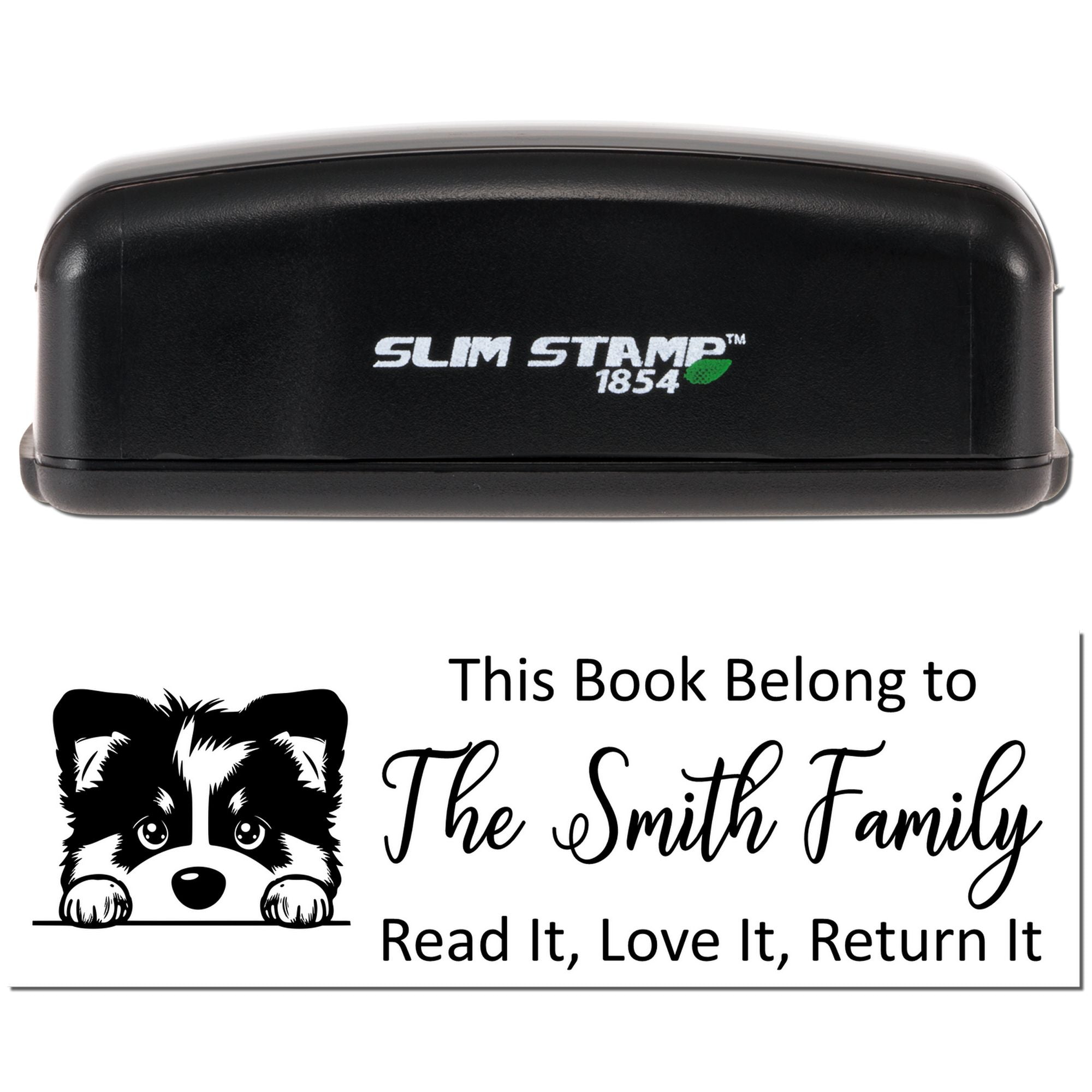 Personalized self-inking book rubber stamp with cute dog design and Read it, love it, return it message for family libraries.