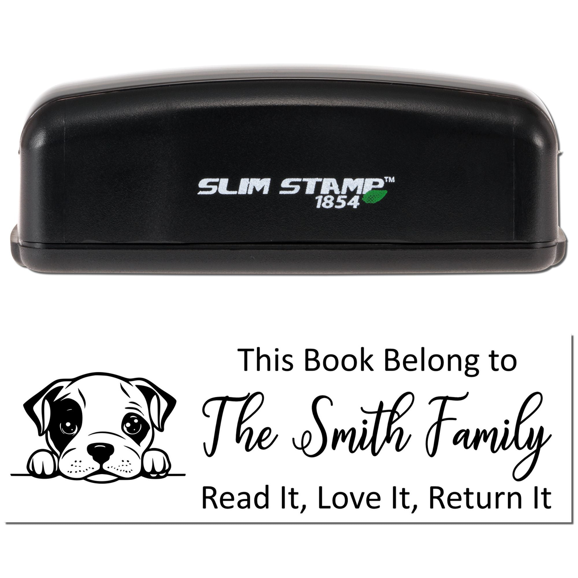 Slim Stamp 1854 personalized book rubber stamp with dog icon and This Book Belong to The Smith Family return message.