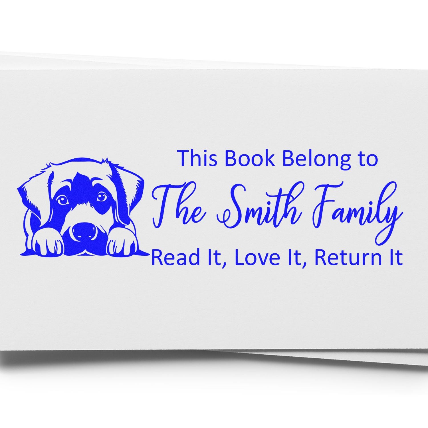 Custom dog book stamp for The Smith Family with This Book Belongs To and Read It, Love It, Return It message.