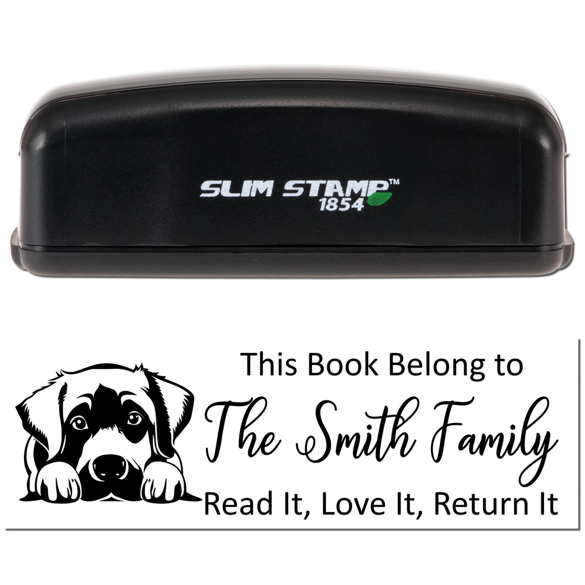 Custom self-inking rubber book stamp with dog design for personalized library ownership labels.